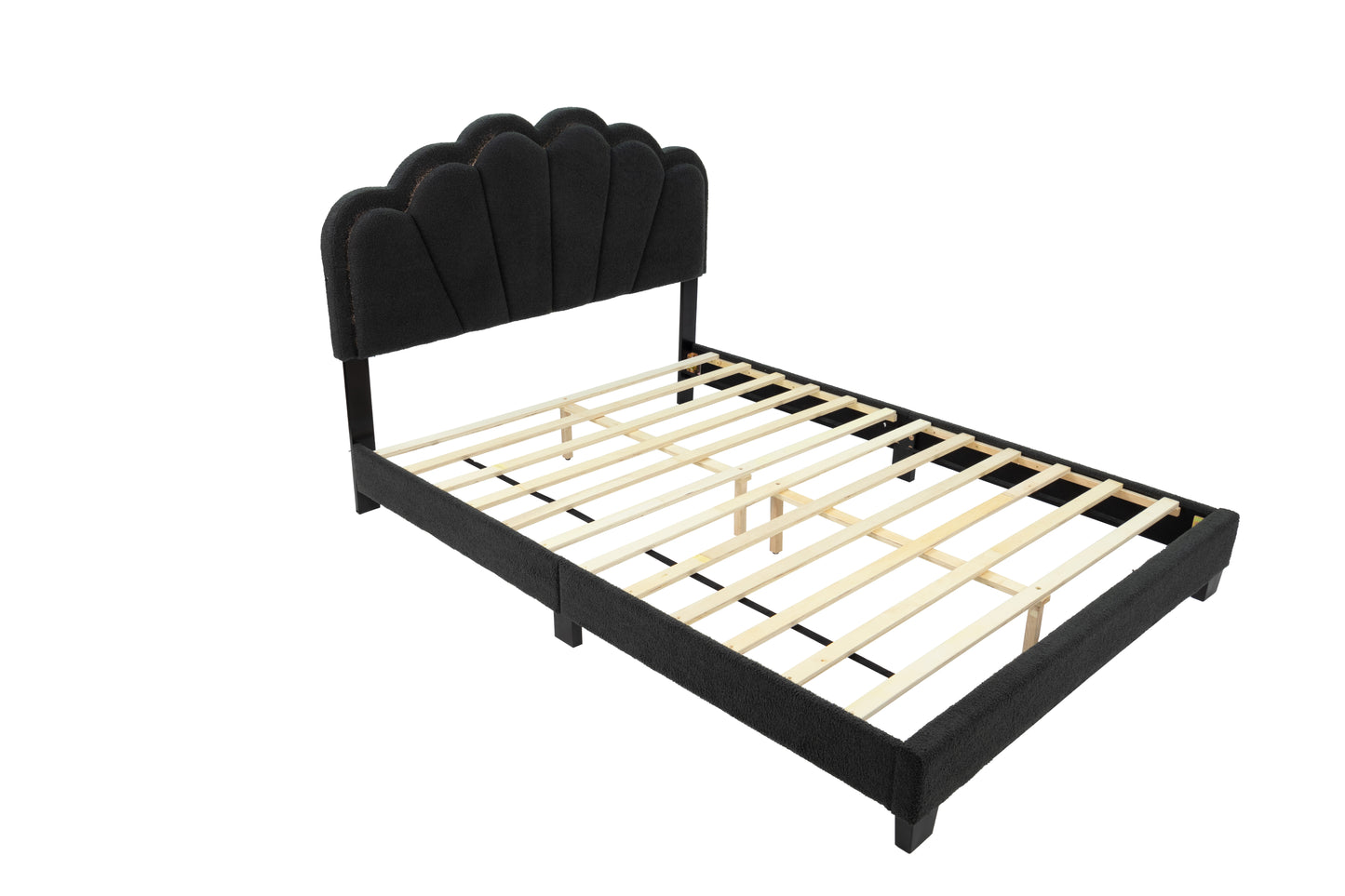 Black fabric platform bed frame with scalloped headboard queen size