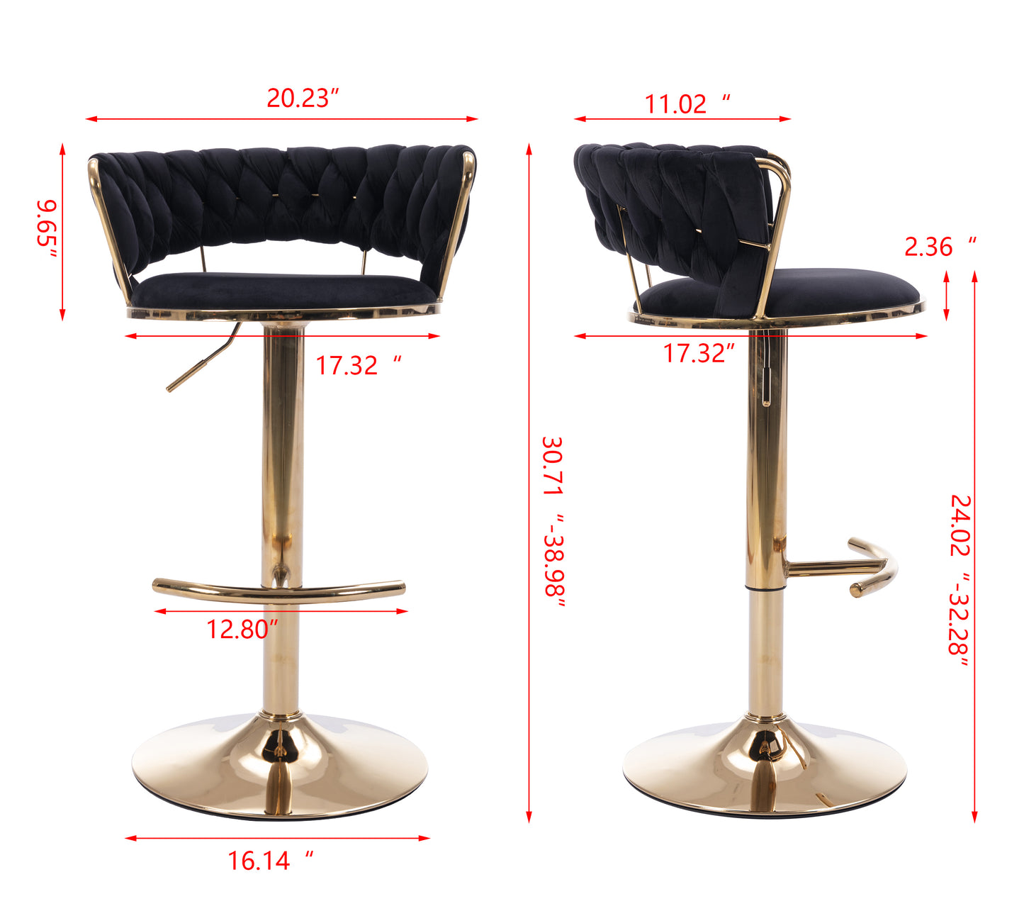 Black velvet tufted bar stool with gold adjustable base