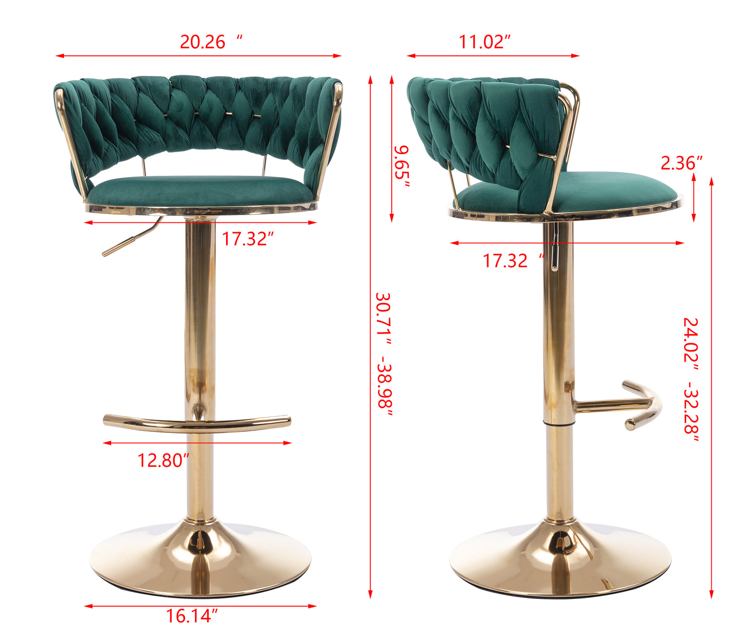 Deep emerald green velvet tufted bar stool with gold pedestal base adjustable height for modern kitchen islands