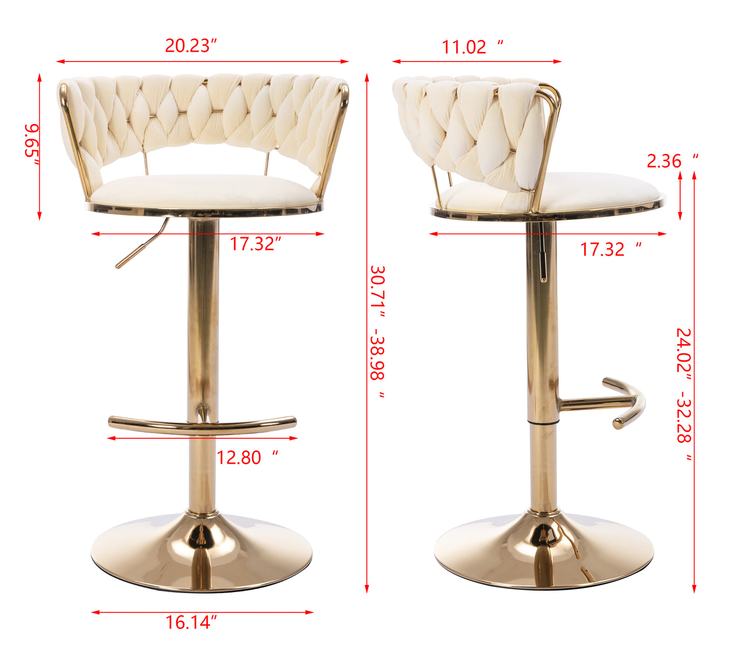 Cream velvet tufted bar stool with gold metal base and adjustable height