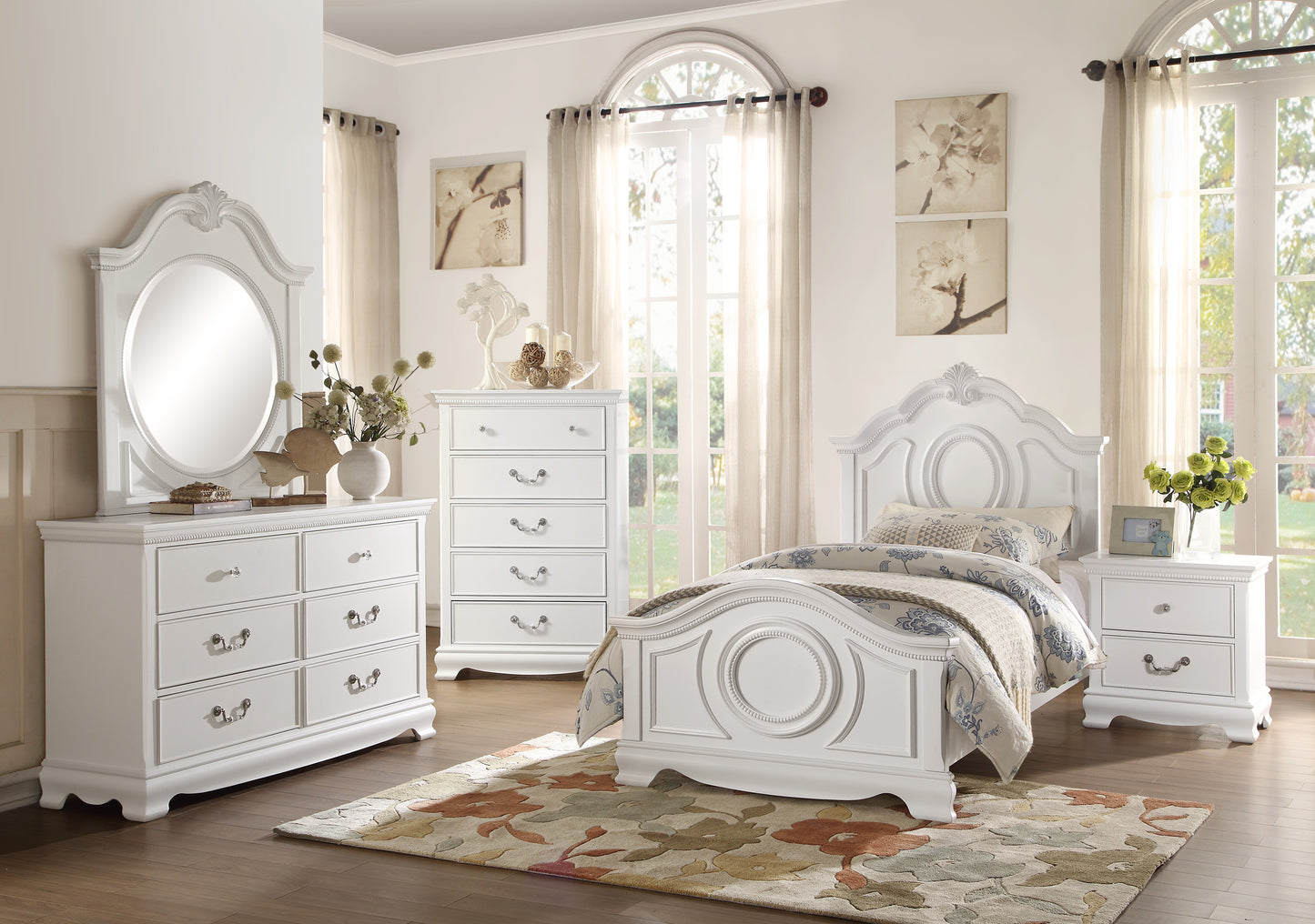Ornate white wood dresser with six drawers and a large mirror