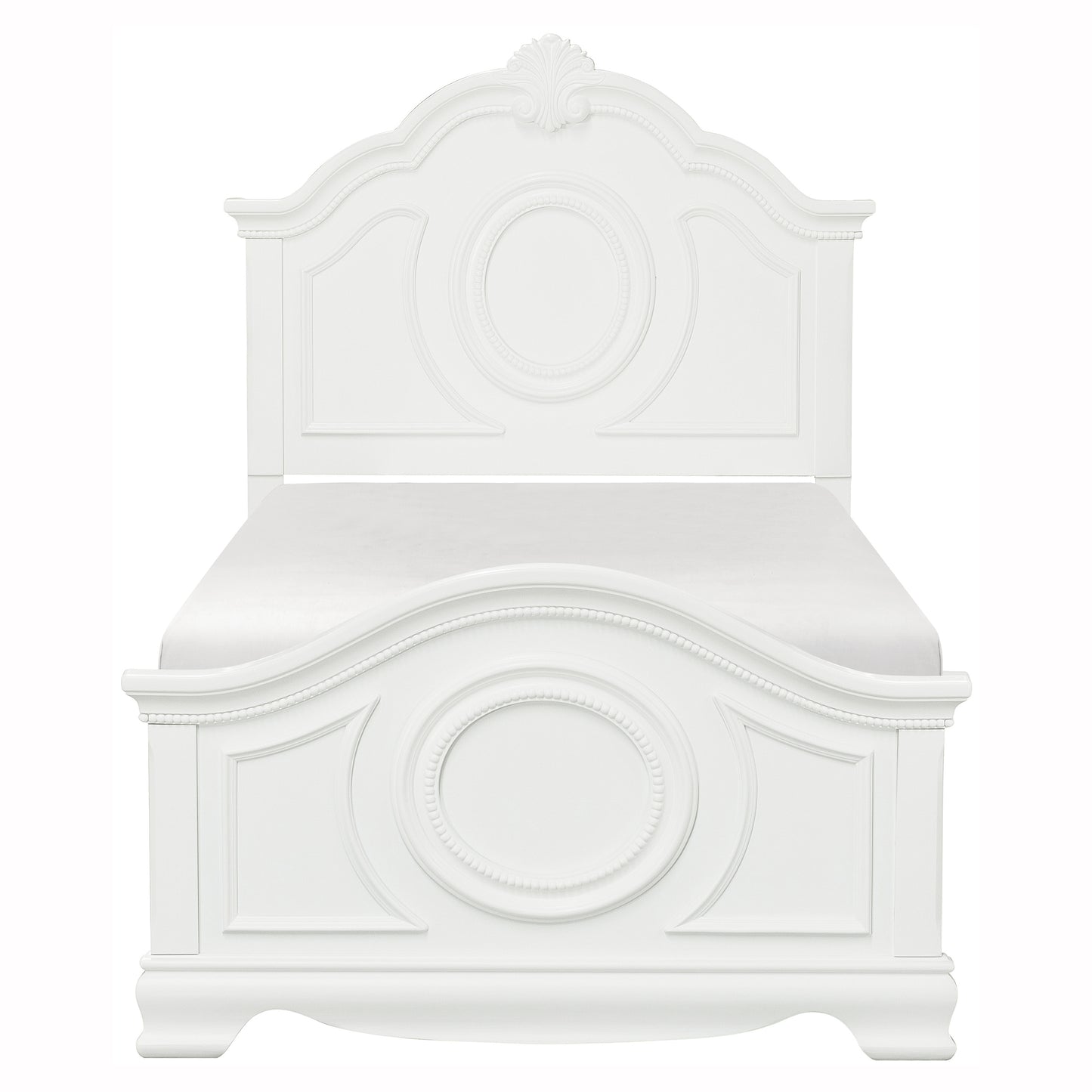Elegant white wooden ornate bed frame with detailed carving