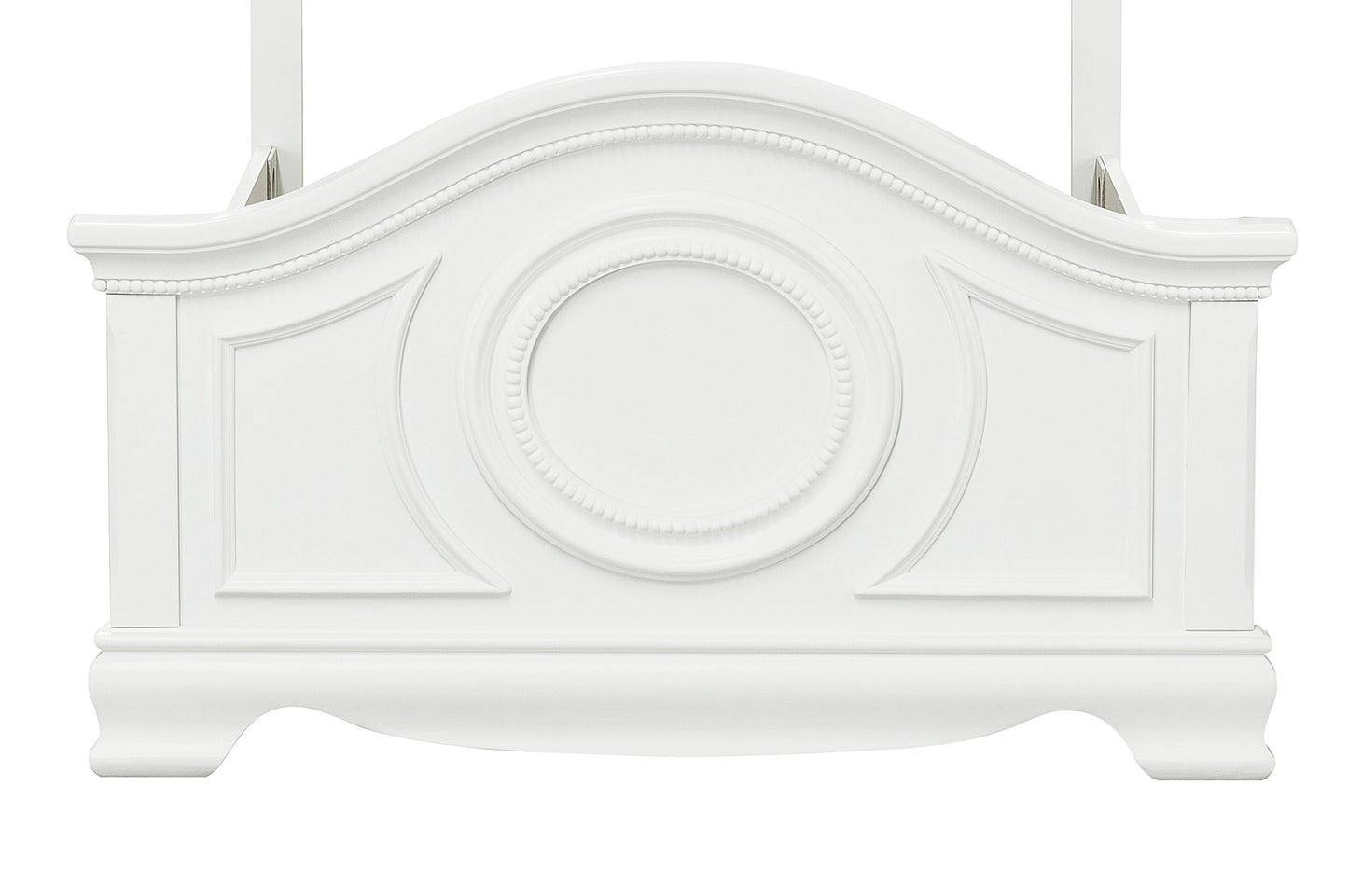 White traditional wood headboard with carved circular detail