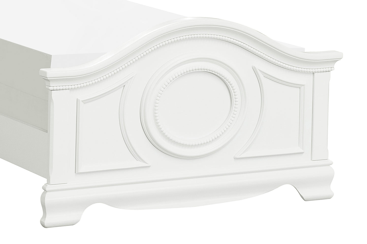 White wooden sleigh bed frame with decorative molding and bead trim