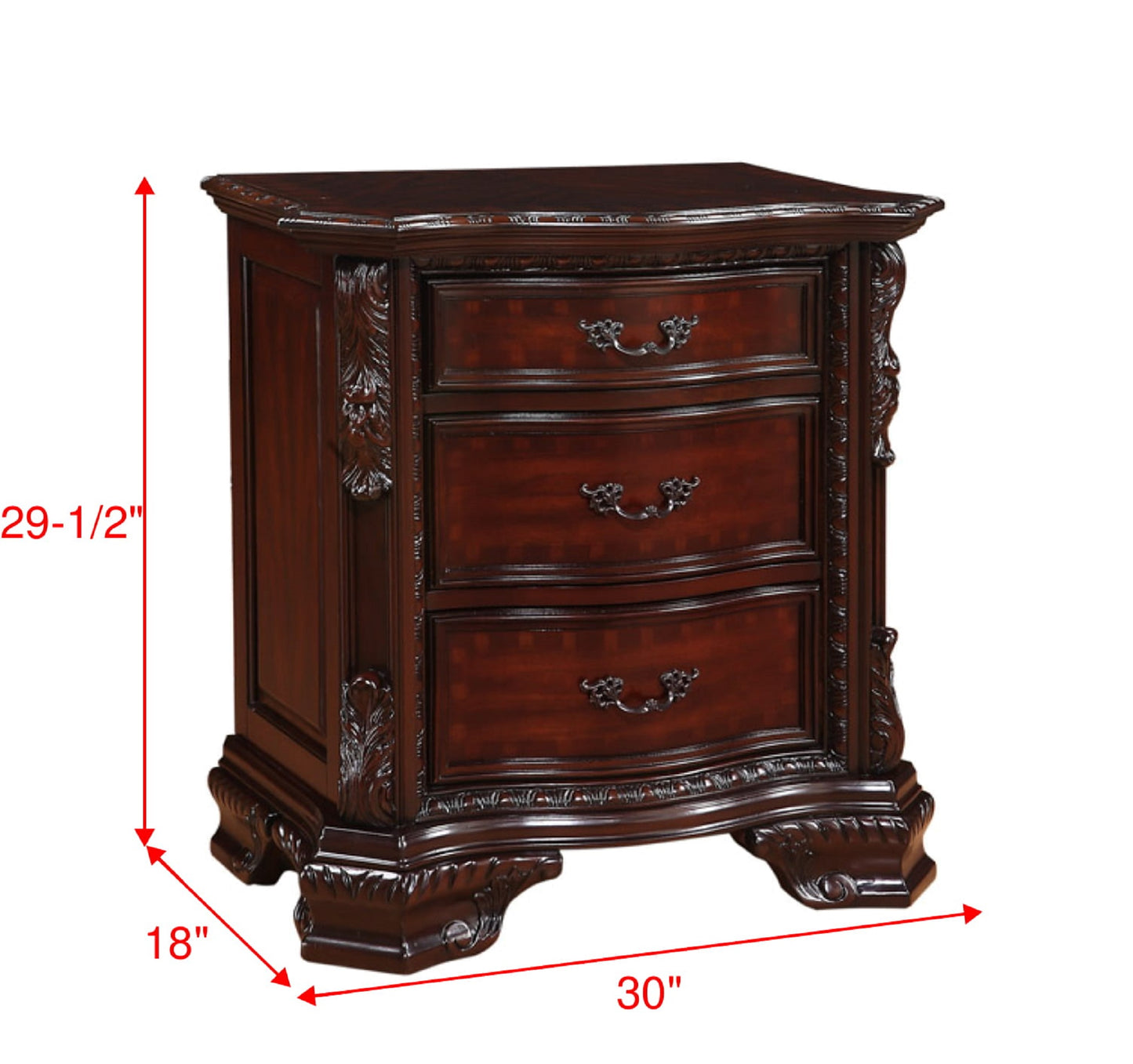 Ornate dark cherry wood nightstand with three drawers and decorative carved accents fitting for classic bedroom decor
