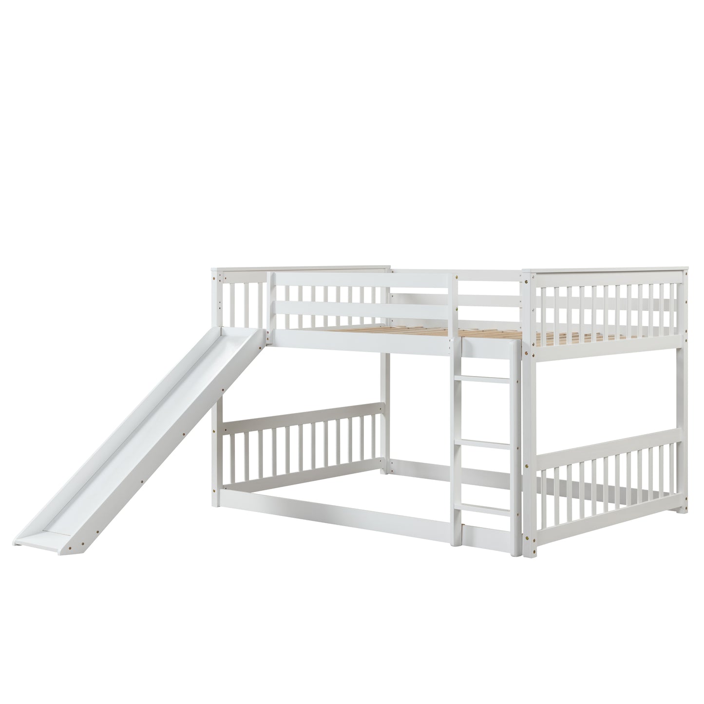 White wooden bunk bed with slide and ladder for kids