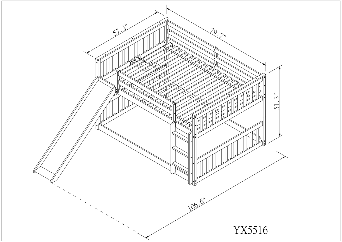 Line drawing of wooden twin over twin bunk bed with slide and ladder