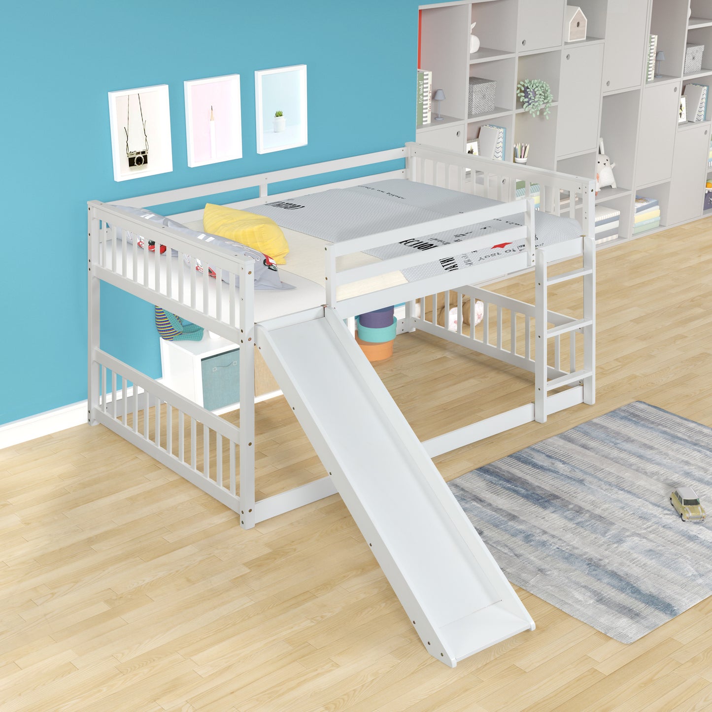 White wooden bunk bed with slide for kids