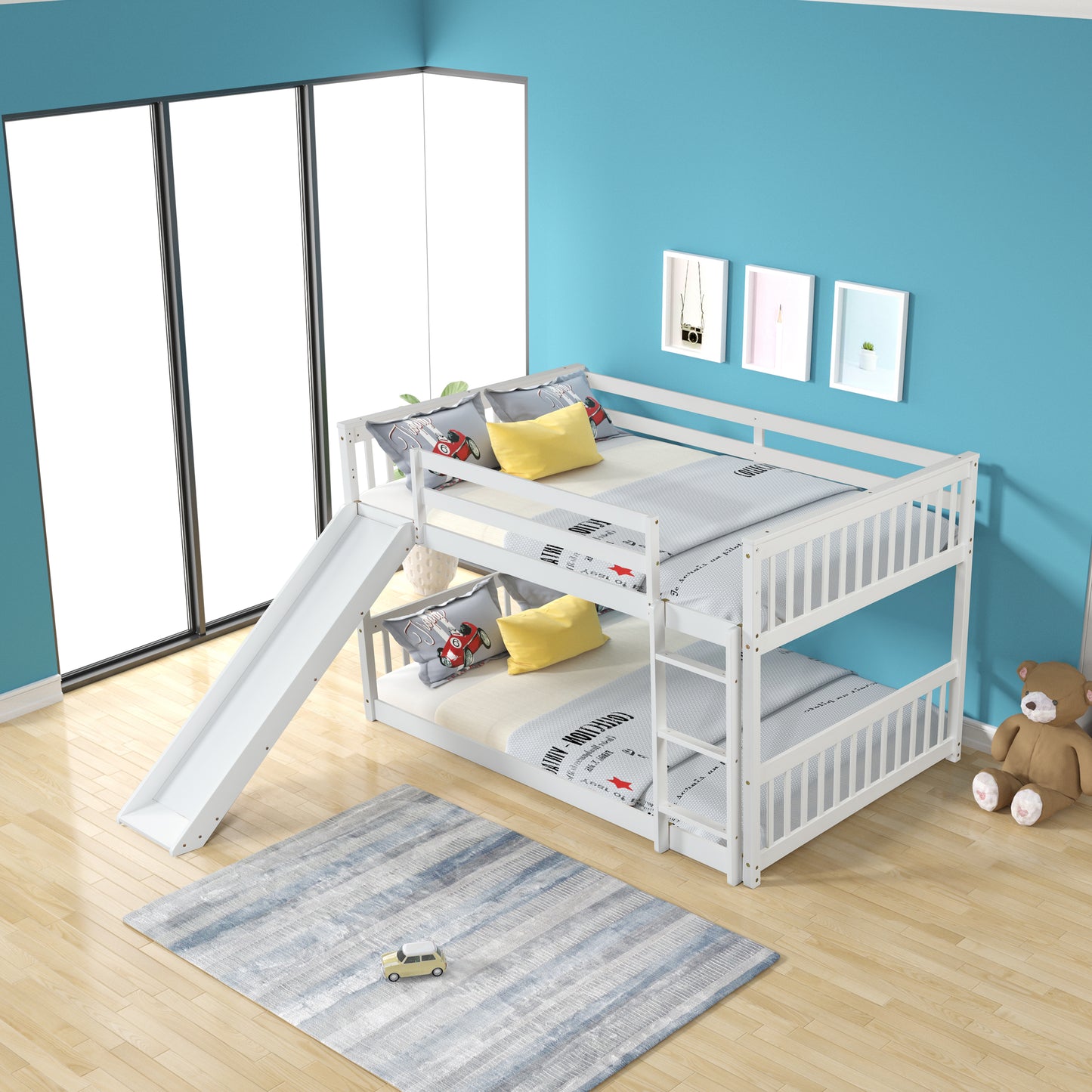 White wooden twin bunk bed with slide and playful carthemed bedding for kids rooms