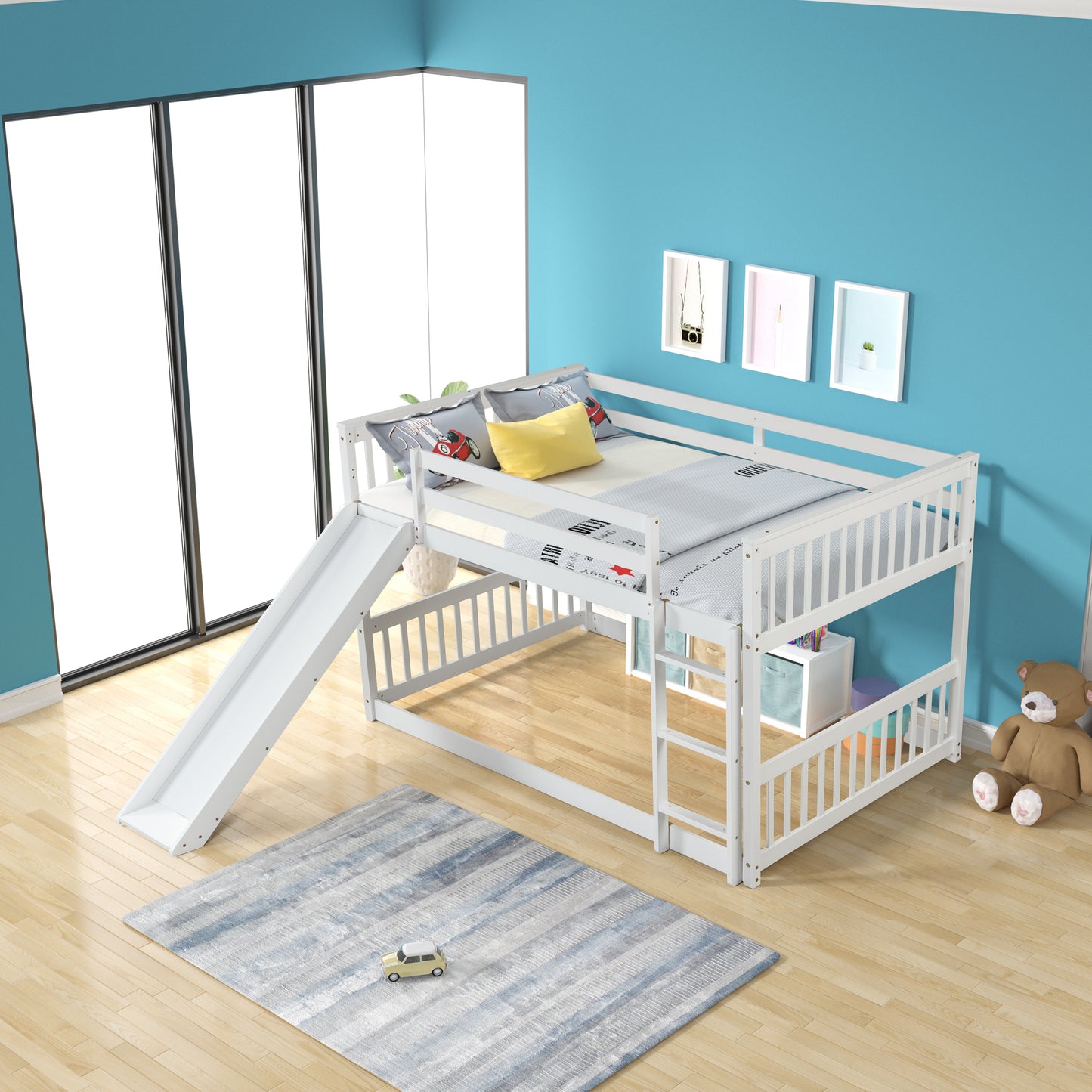 White wooden loft bed with slide and safety rails