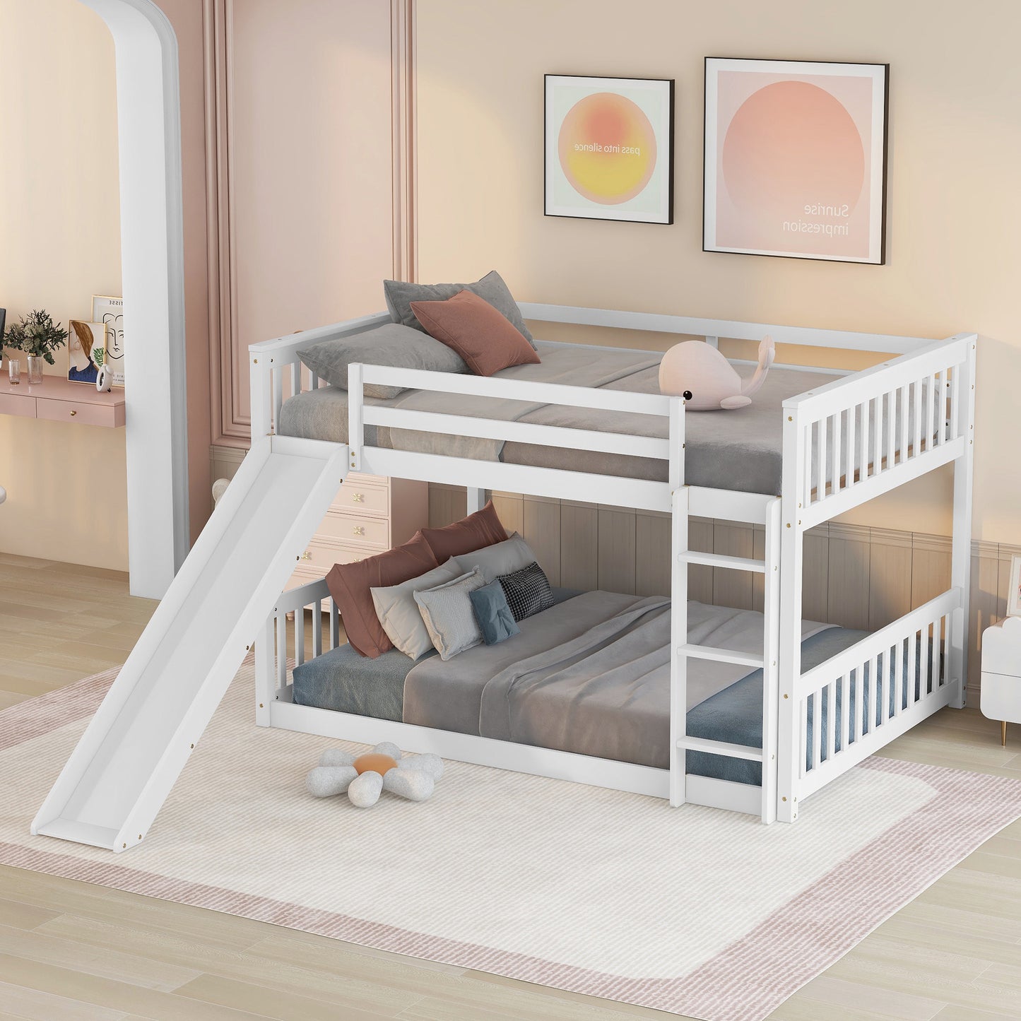 White wooden twin over twin bunk bed with slide