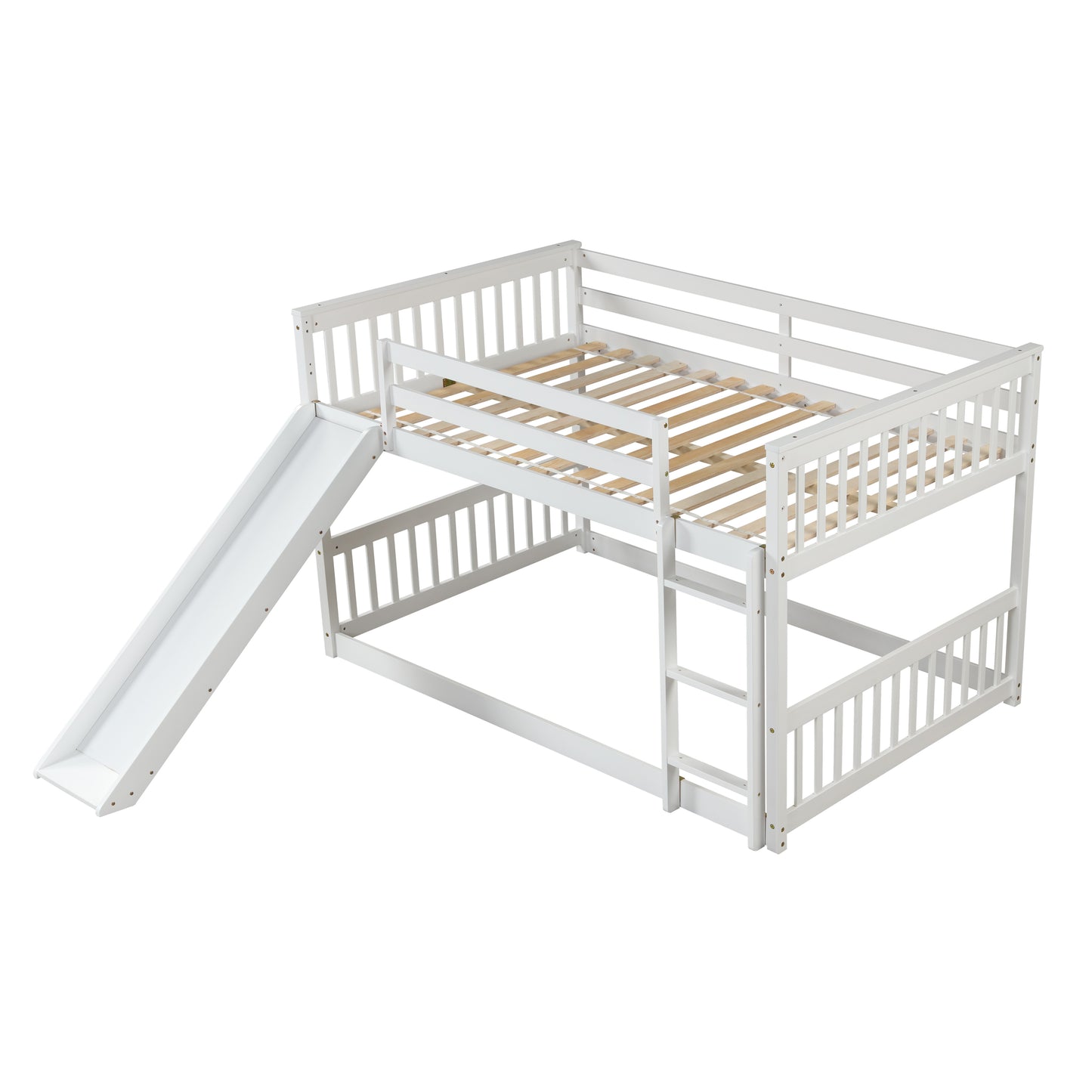 White wooden twin over twin bunk bed with slide and ladder