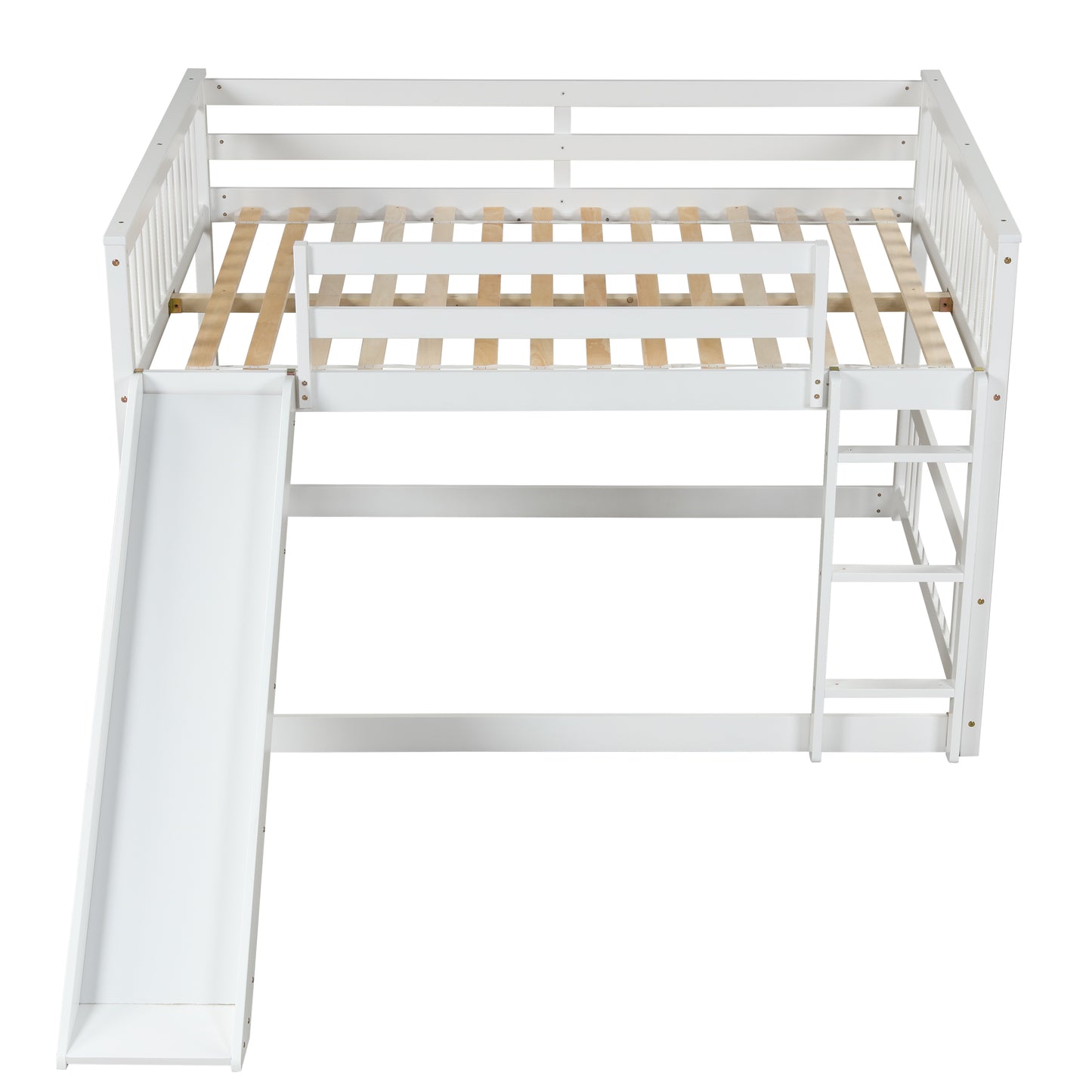 White wooden loft bed with integrated slide and ladder