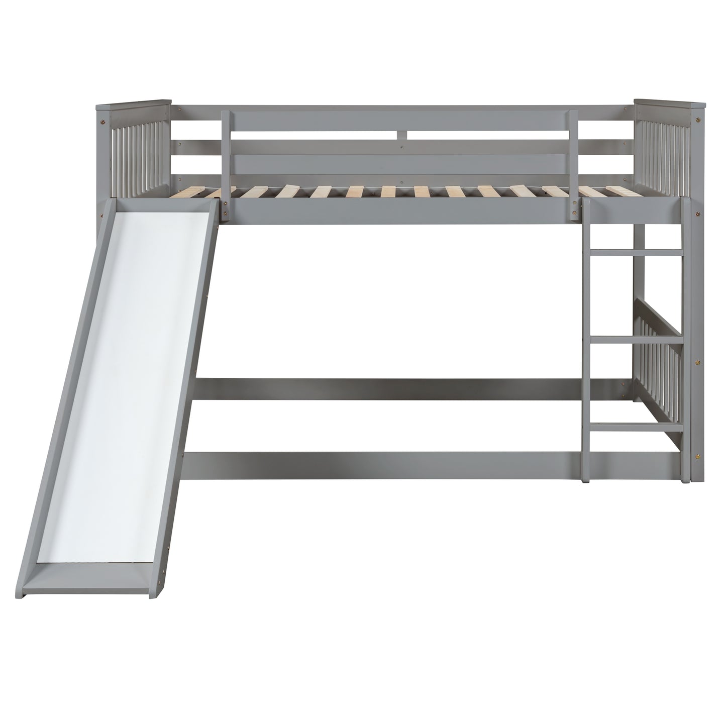 Gray wooden twin loft bed with slide and ladder