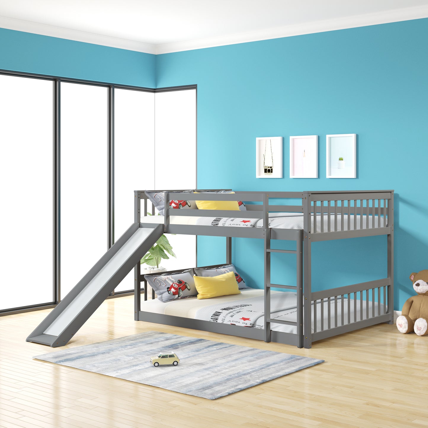 Gray wooden bunk bed with slide for kids room
