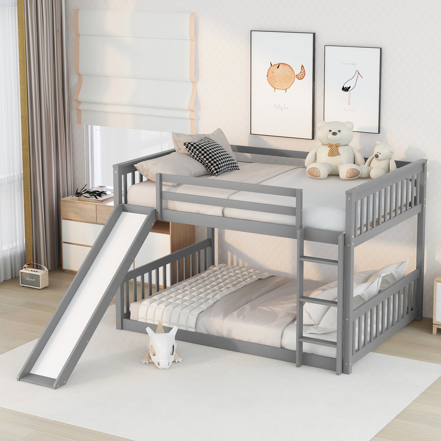 Gray wooden bunk bed with slide and ladder for kids