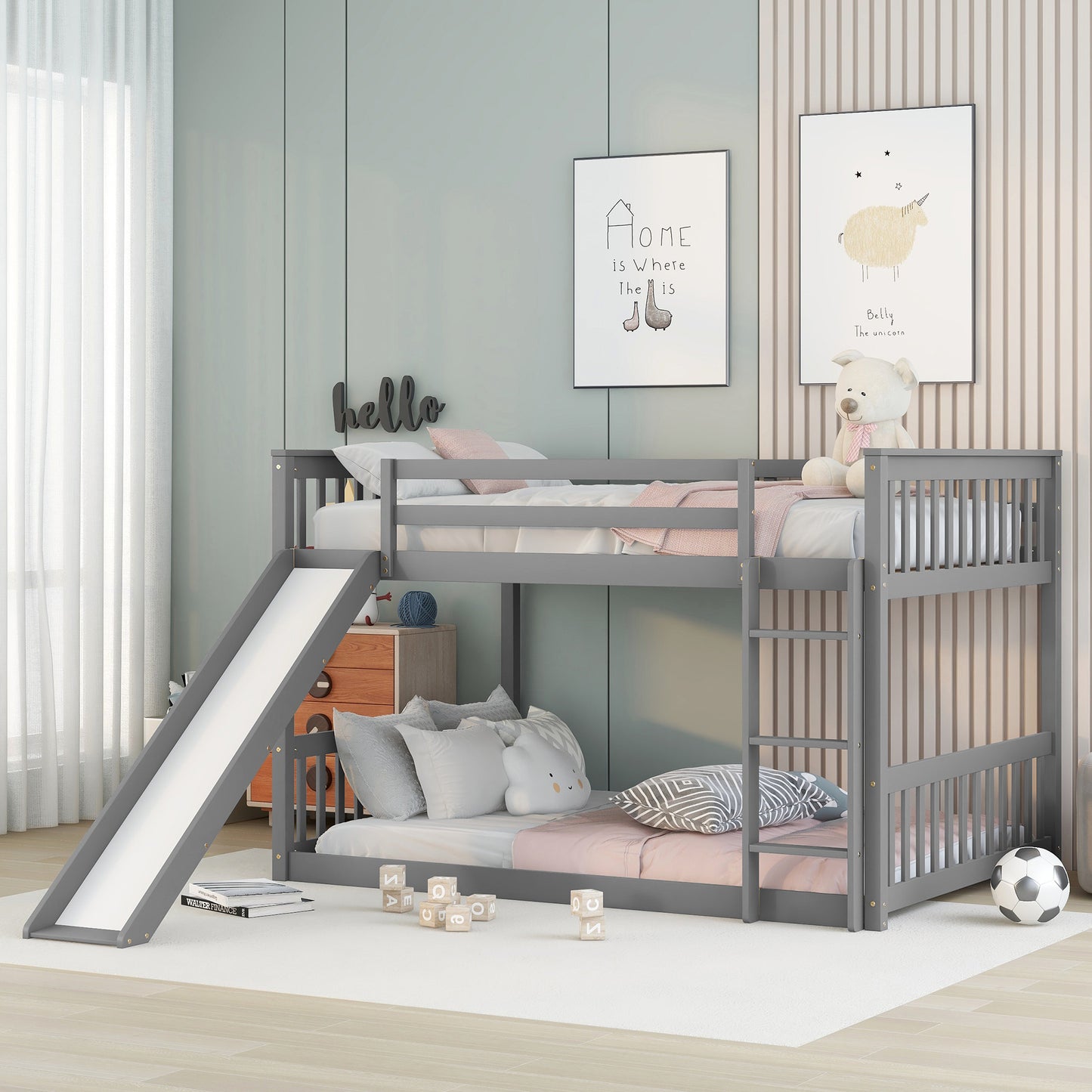 Gray wooden bunk bed with slide and ladder for kids bedrooms