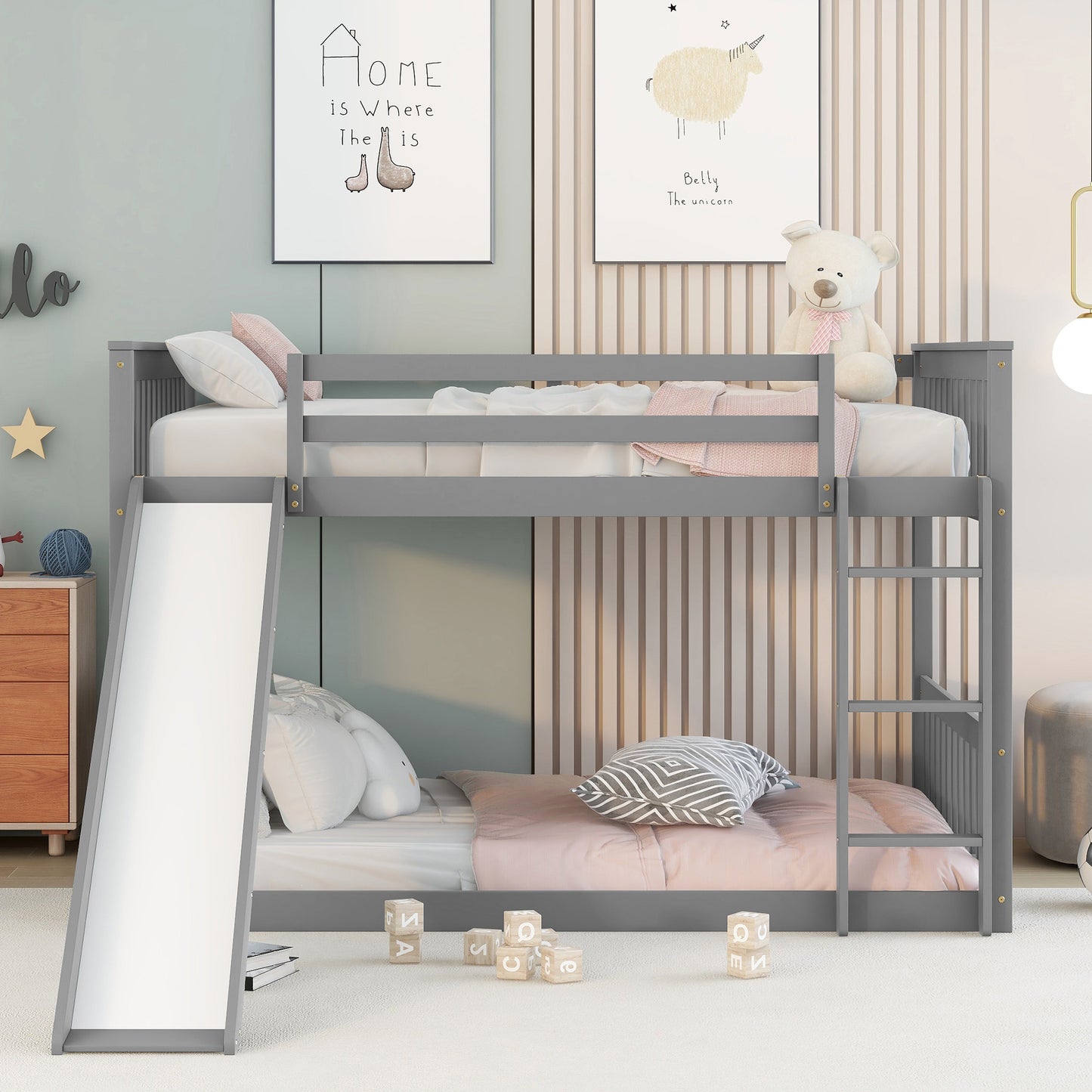 Gray wooden bunk bed with slide and ladder perfect for kids bedrooms