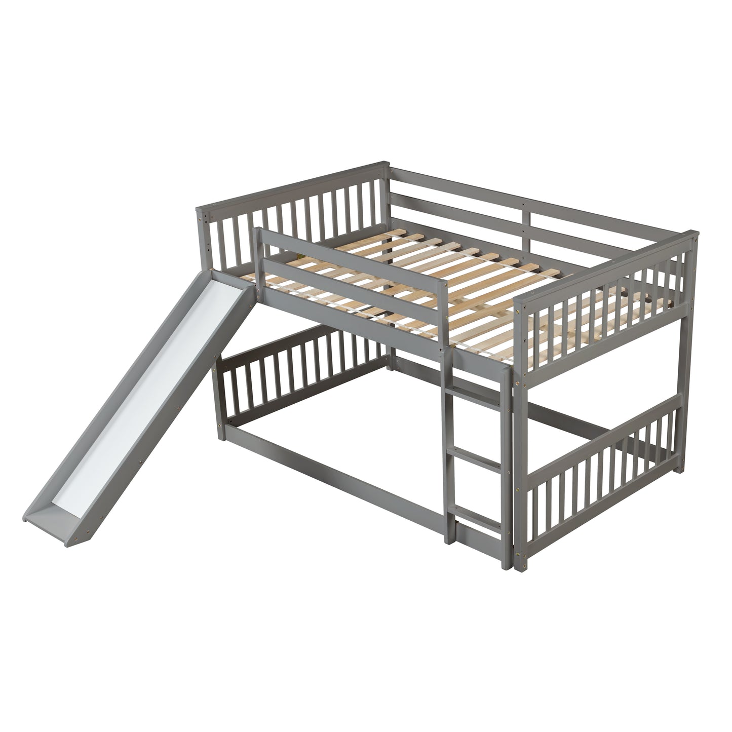 Gray wooden bunk bed with slide and ladder