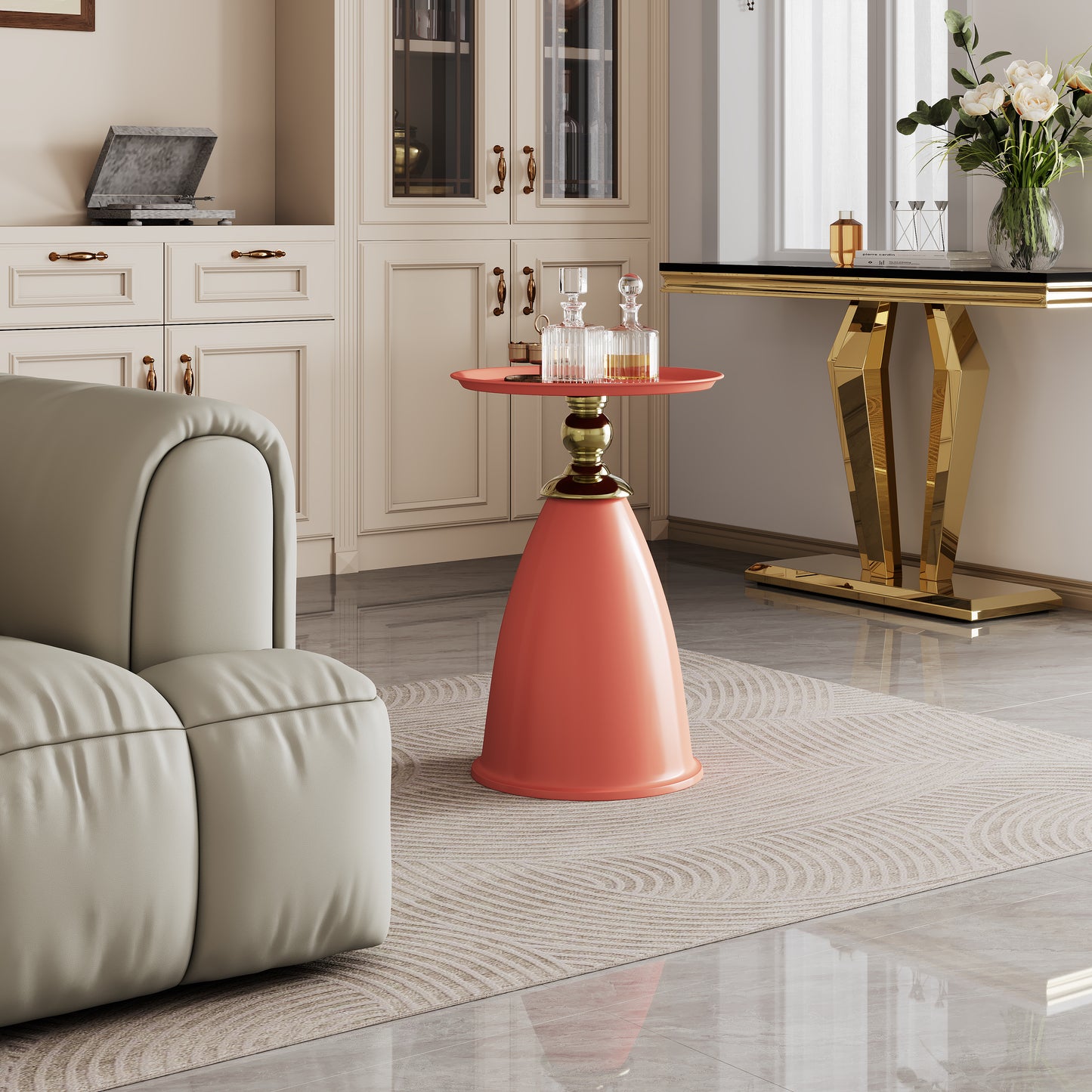 Coral trumpet side table with gold accents and decorative decanters