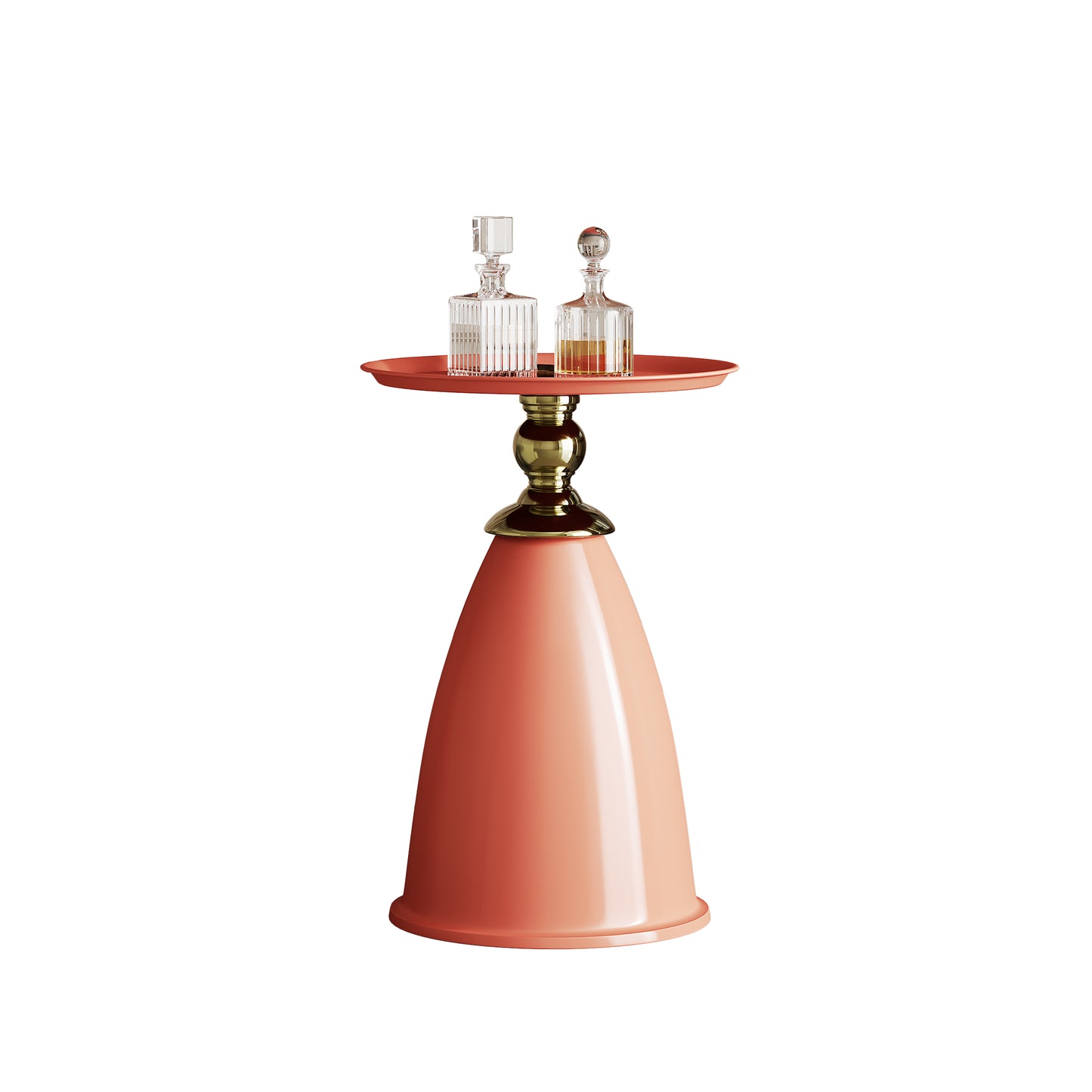 Coral resin side table with ornate gold pedestal and two crystal decanters on top