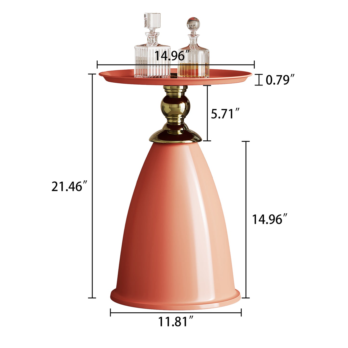 Coral accent side table with gold pedestal and decorative glass decanters