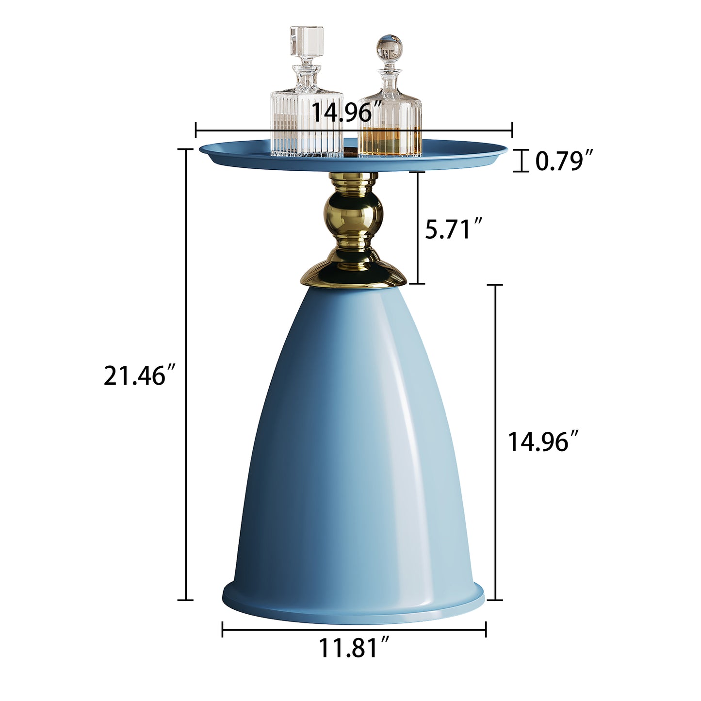 Light blue conical side table with brass pedestal and decorative glass decanters