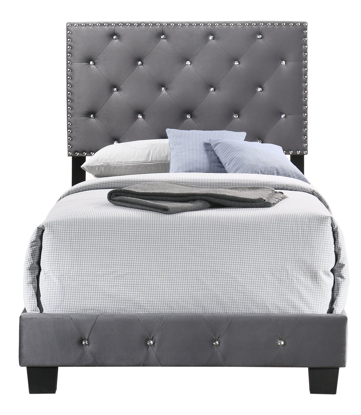 Glam tufted grey velvet bed with crystal accents and diamond stitching