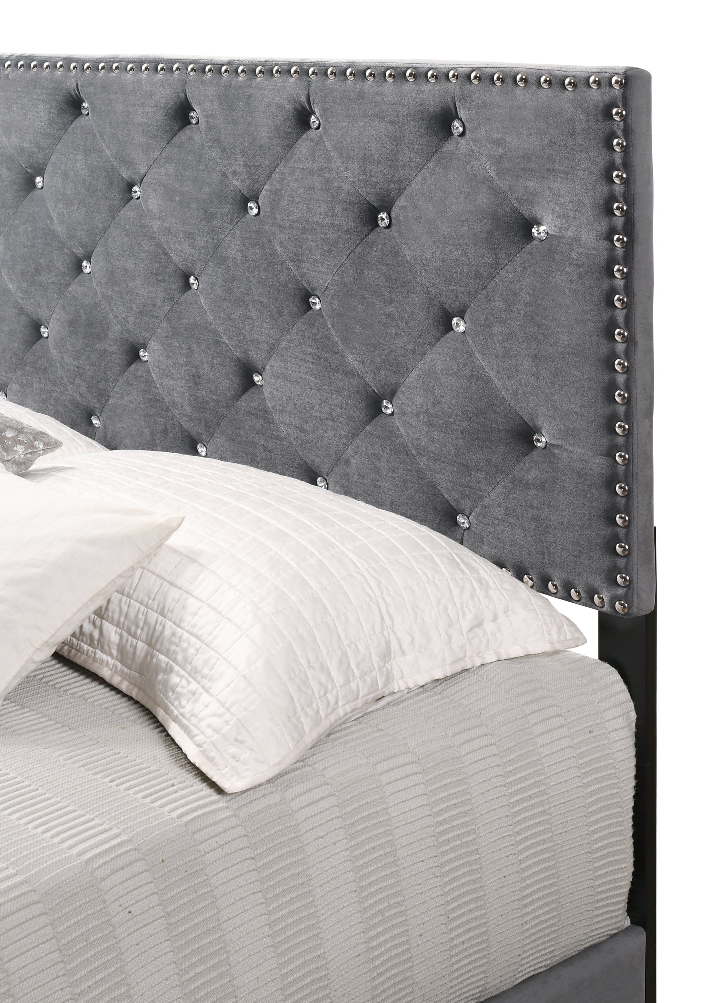 Grey velvet headboard with diamond tufting and crystal accents