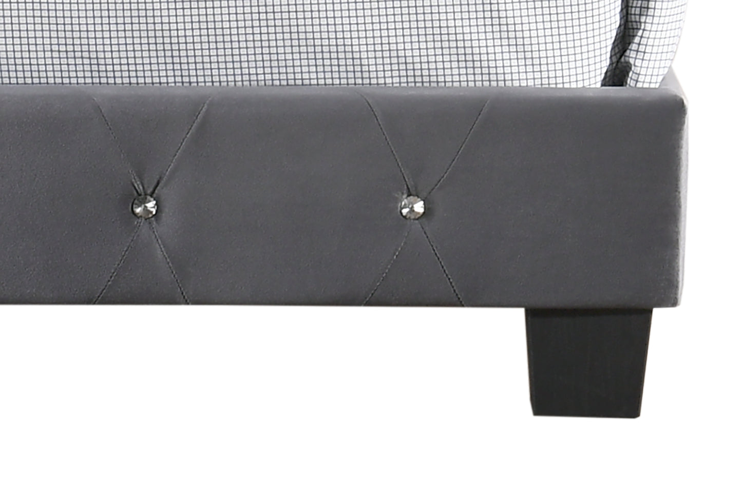 Dark gray tufted upholstered bed frame with crystal accents