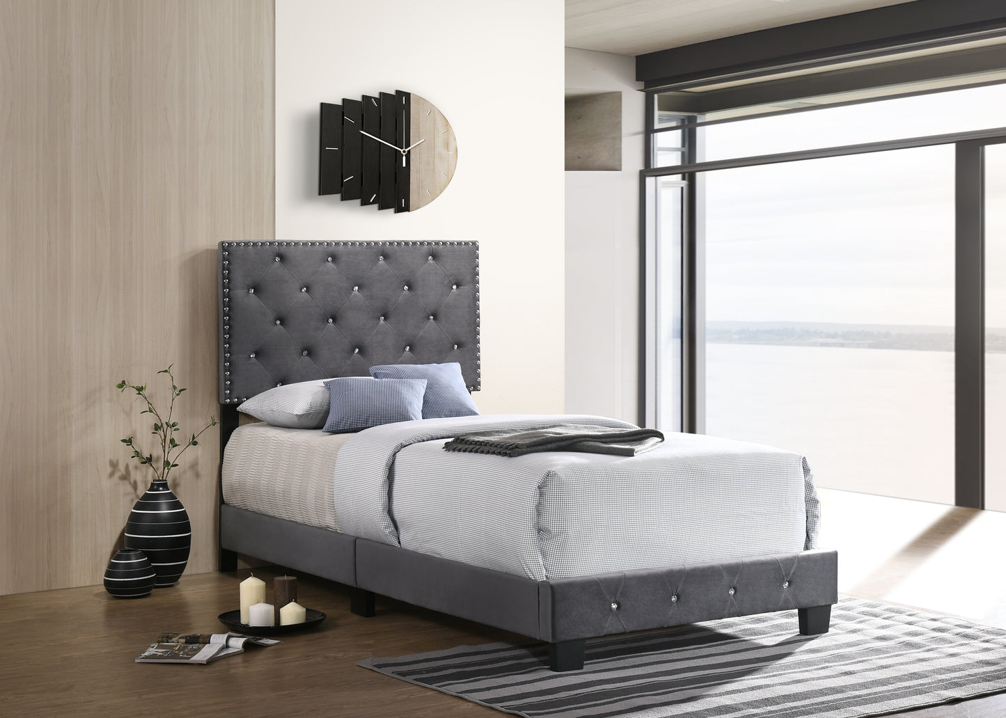 Grey velvet twin bed frame with diamond tufting and silver nailhead trim