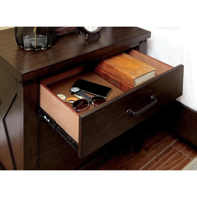 Dark brown wooden nightstand with open drawer holding sunglasses watches and phone