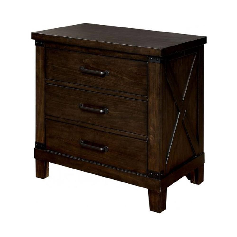 Dark wood threedrawer nightstand with metal accents and crossbrace detail