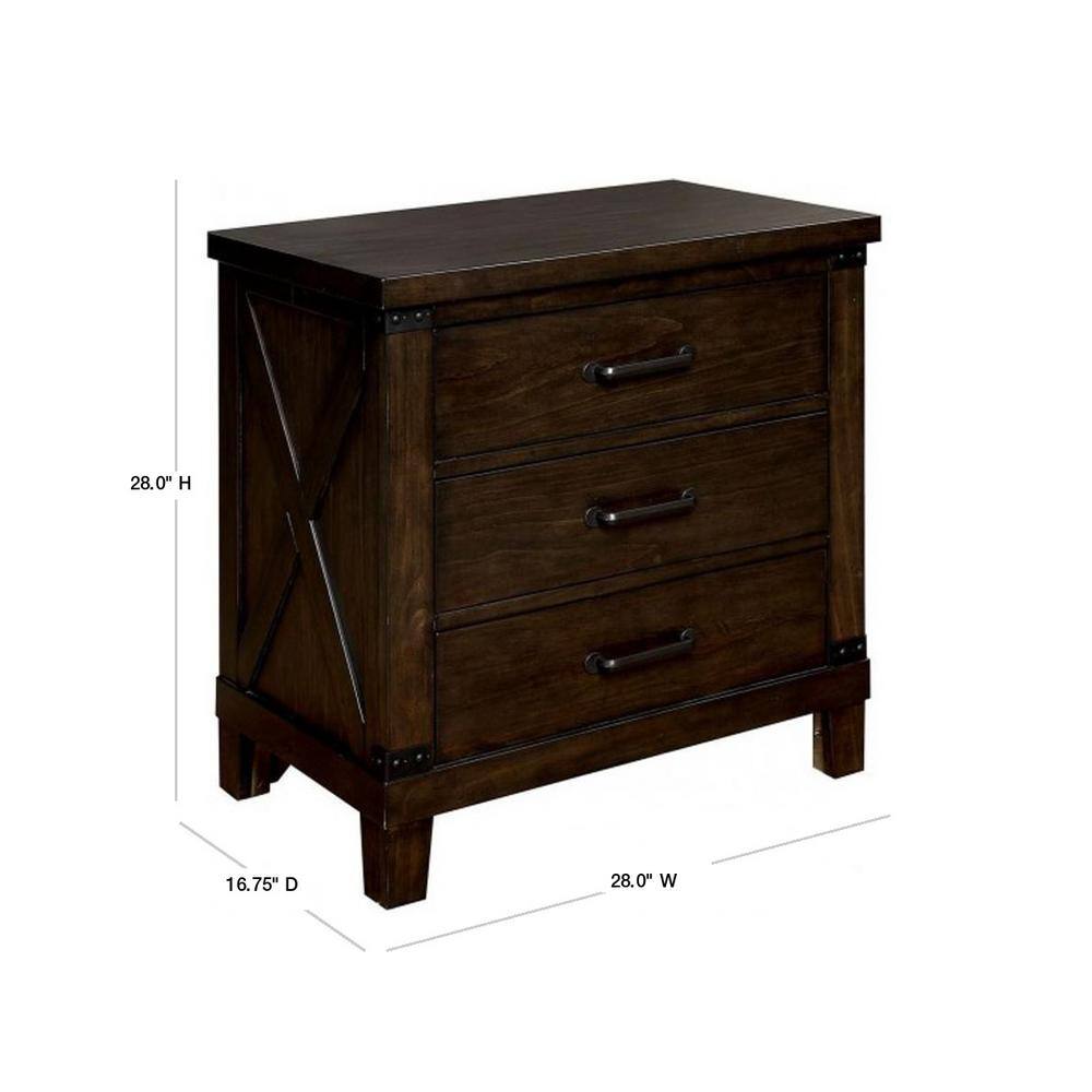 Dark wood nightstand with three drawers and metal hardware featuring a rustic Xdesign on the side panels