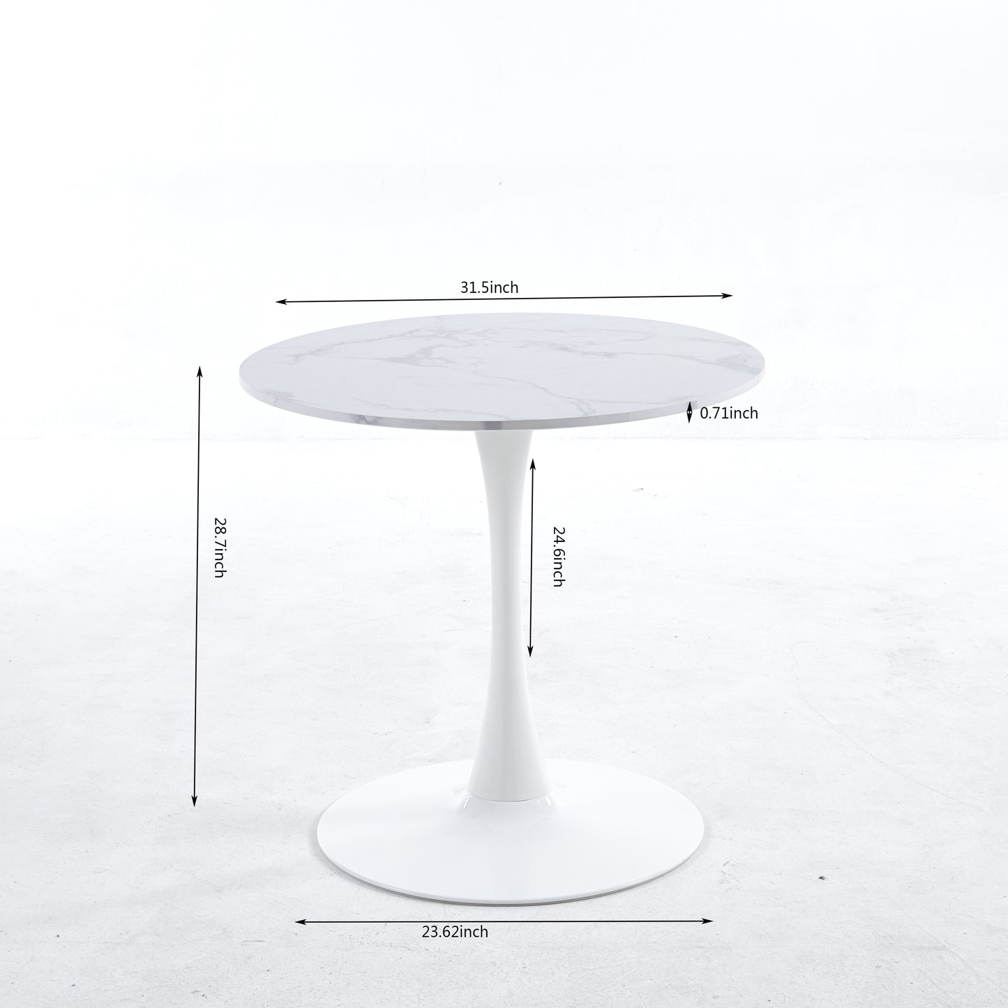 Round white marble top tulip dining table with a sturdy pedestal base