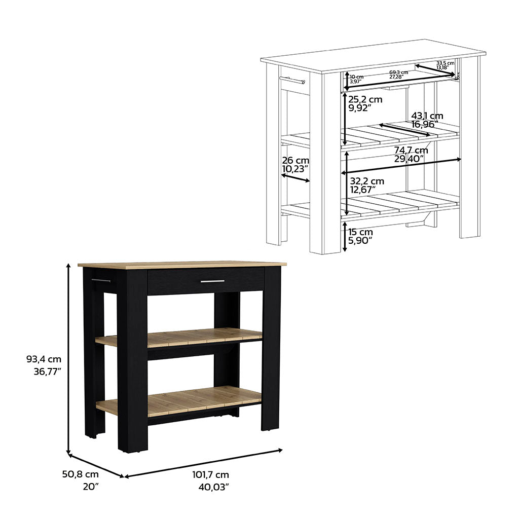 Black and oak kitchen island with drawer and two open shelves