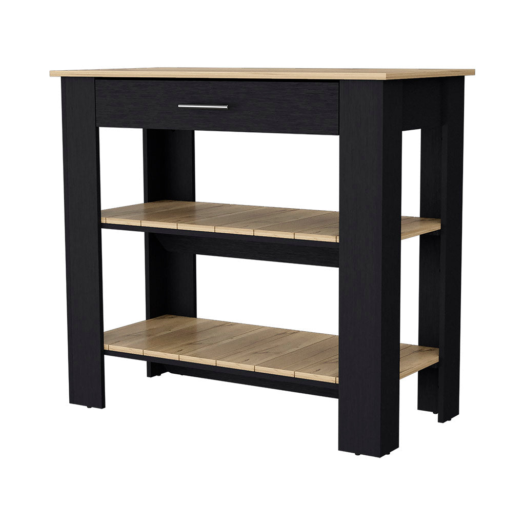 Black and oak console table with one drawer and two open shelves