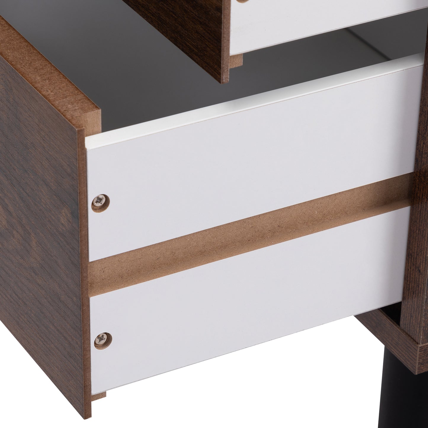 Two open white drawers with dark wood grain cabinet frames showing clean interior construction