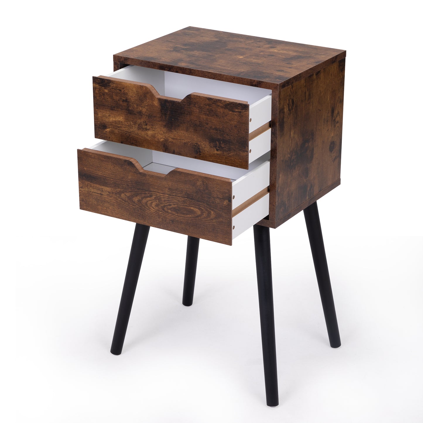 Rustic brown wood accent table with two drawers on tapered black legs
