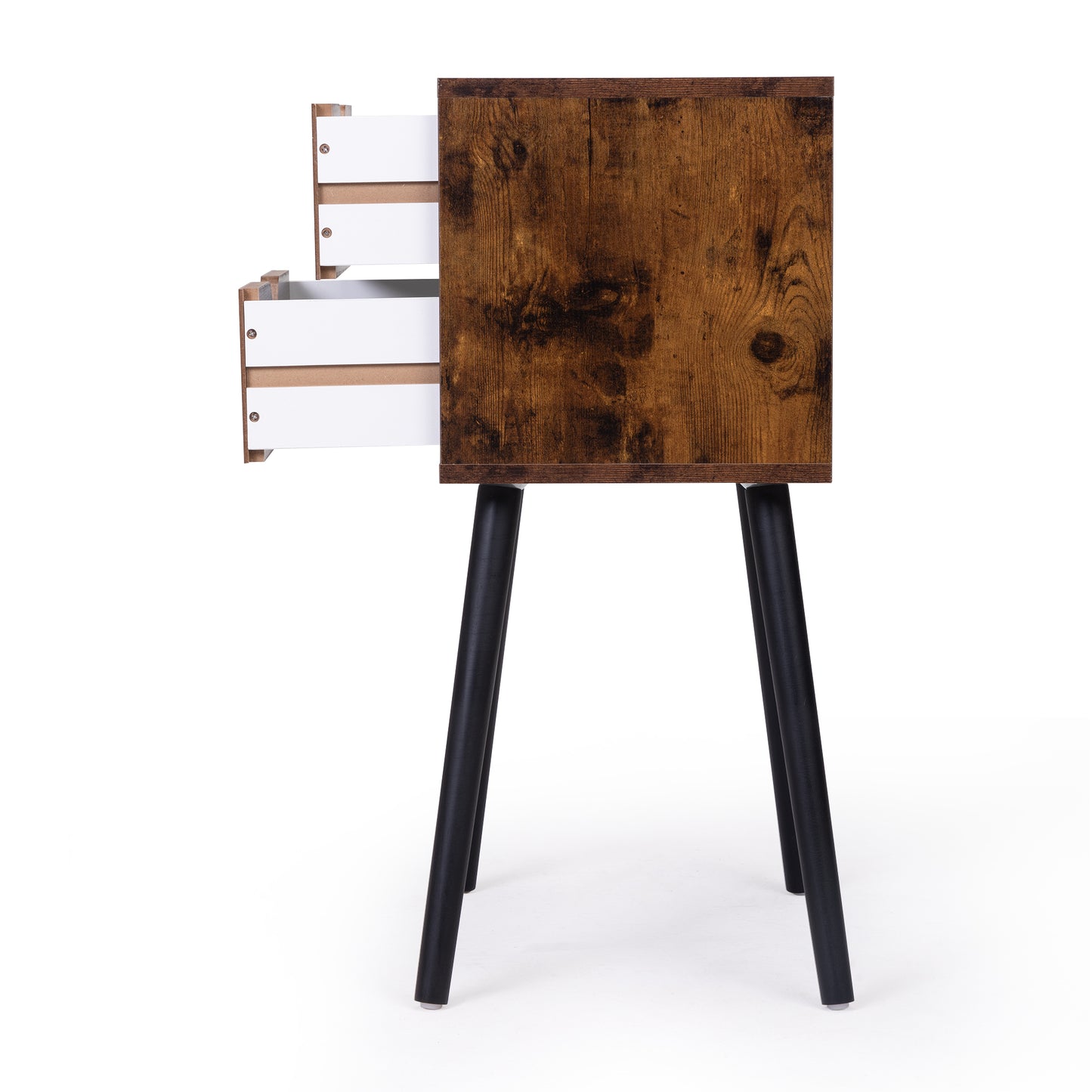 Rustic brown wood nightstand with white drawers and black tapered legs