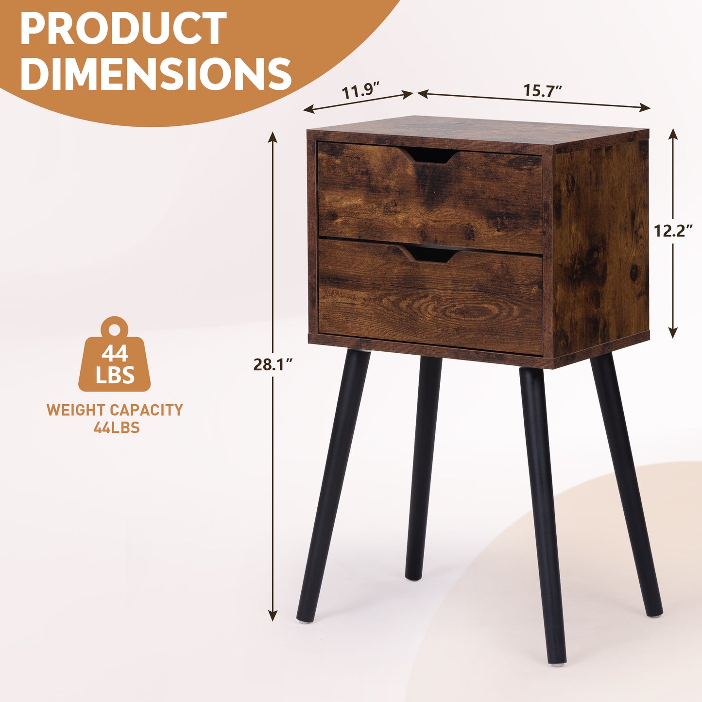 Rustic brown end table with two drawers and tapered black legs