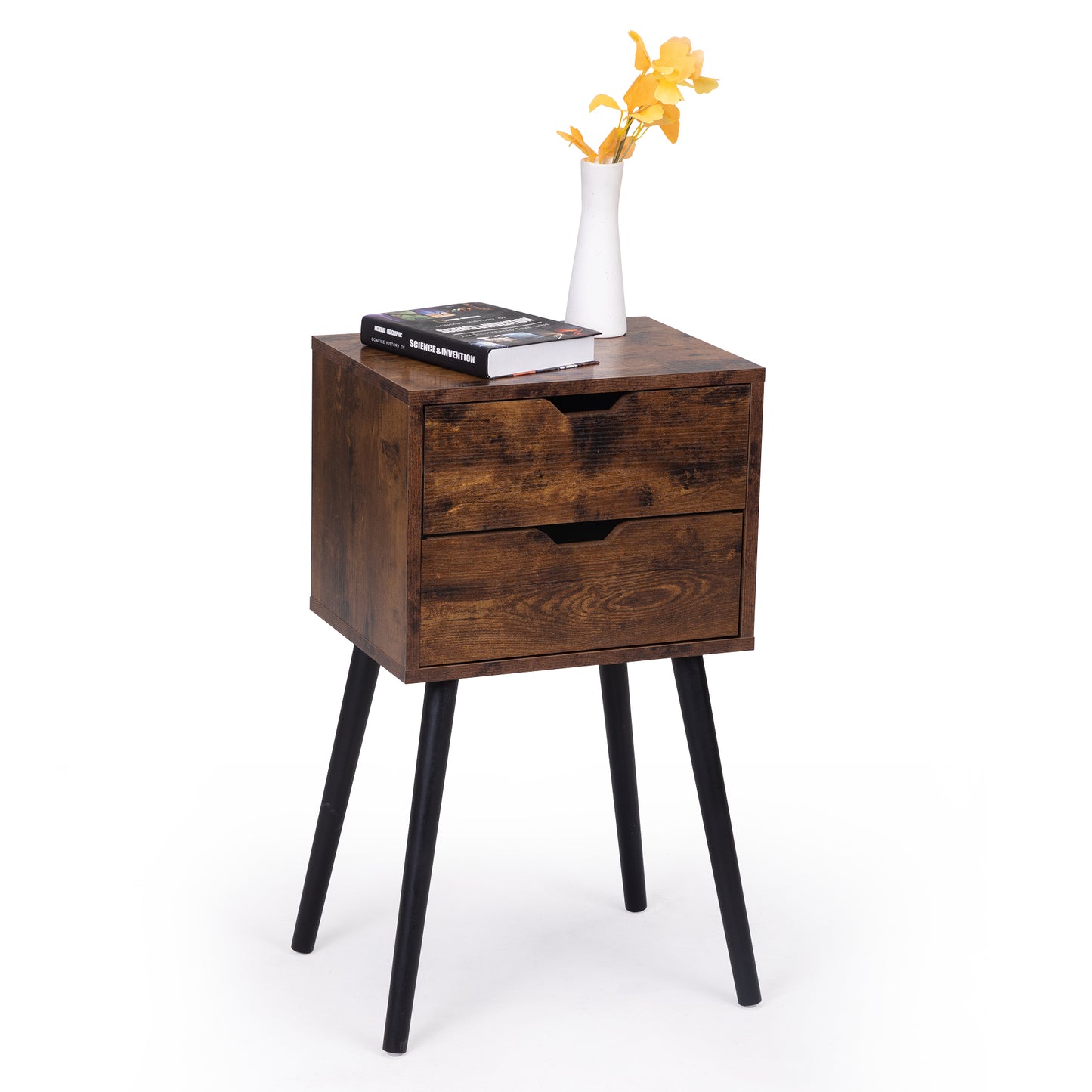 Rustic brown wood bedside table with two drawers and black tapered legs