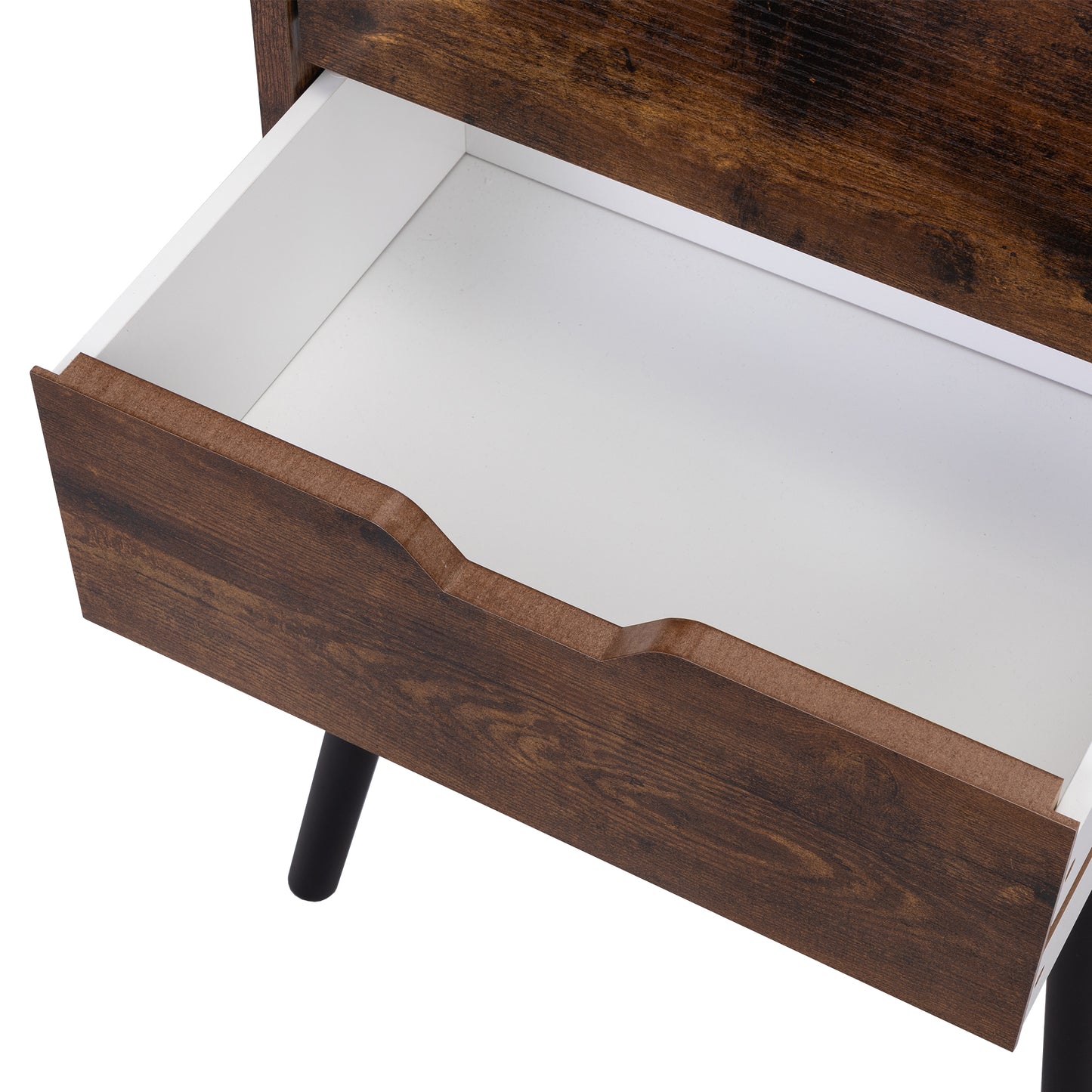 Closeup of an open wooden drawer with dark wood grain and white interior