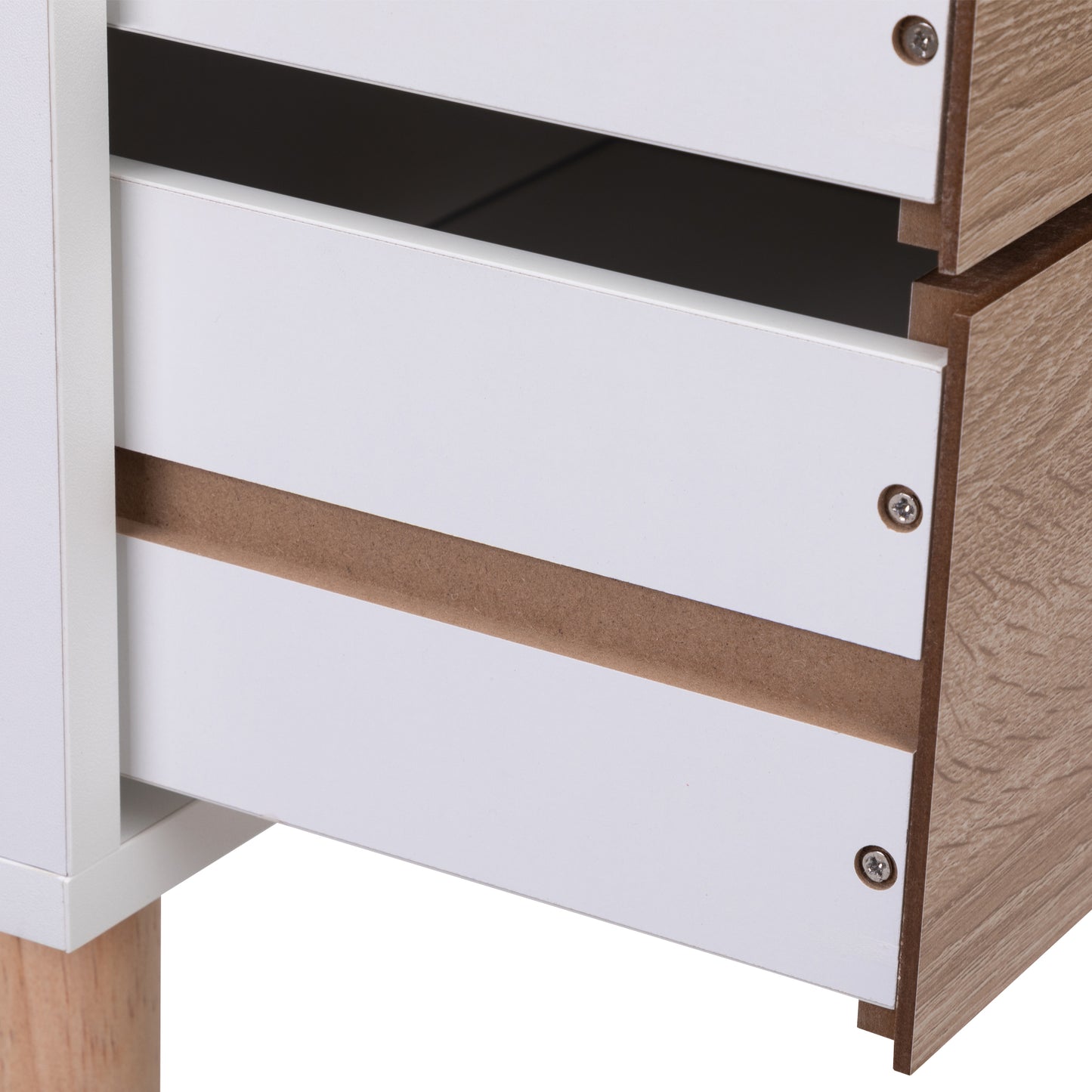 Open white drawer with wood grain accents showing sleek modern furniture design