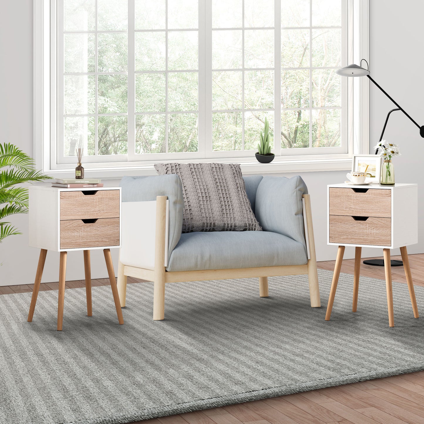 White and wood bedside table with two drawers and tapered legs