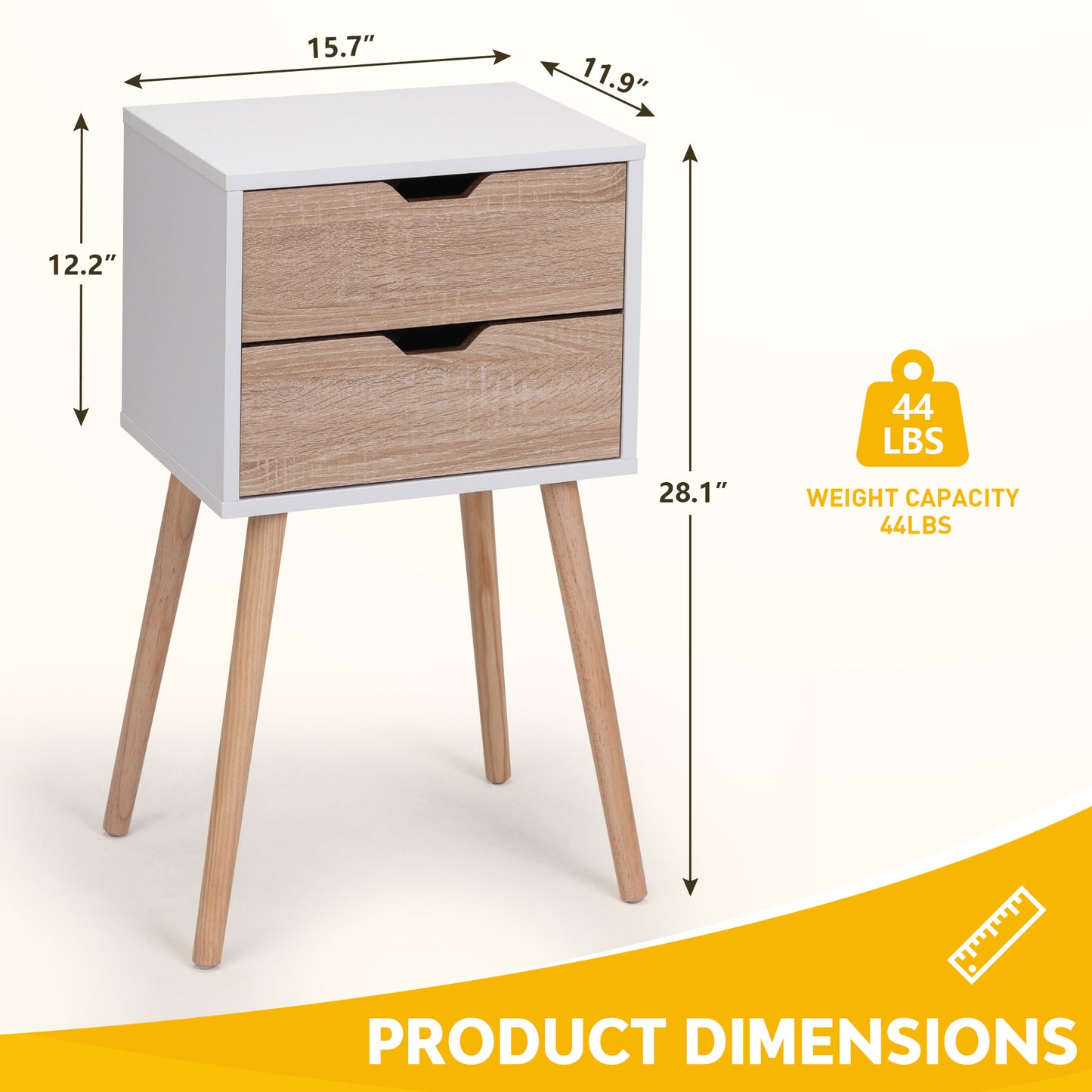 White and wood grain drawer nightstand on tapered legs