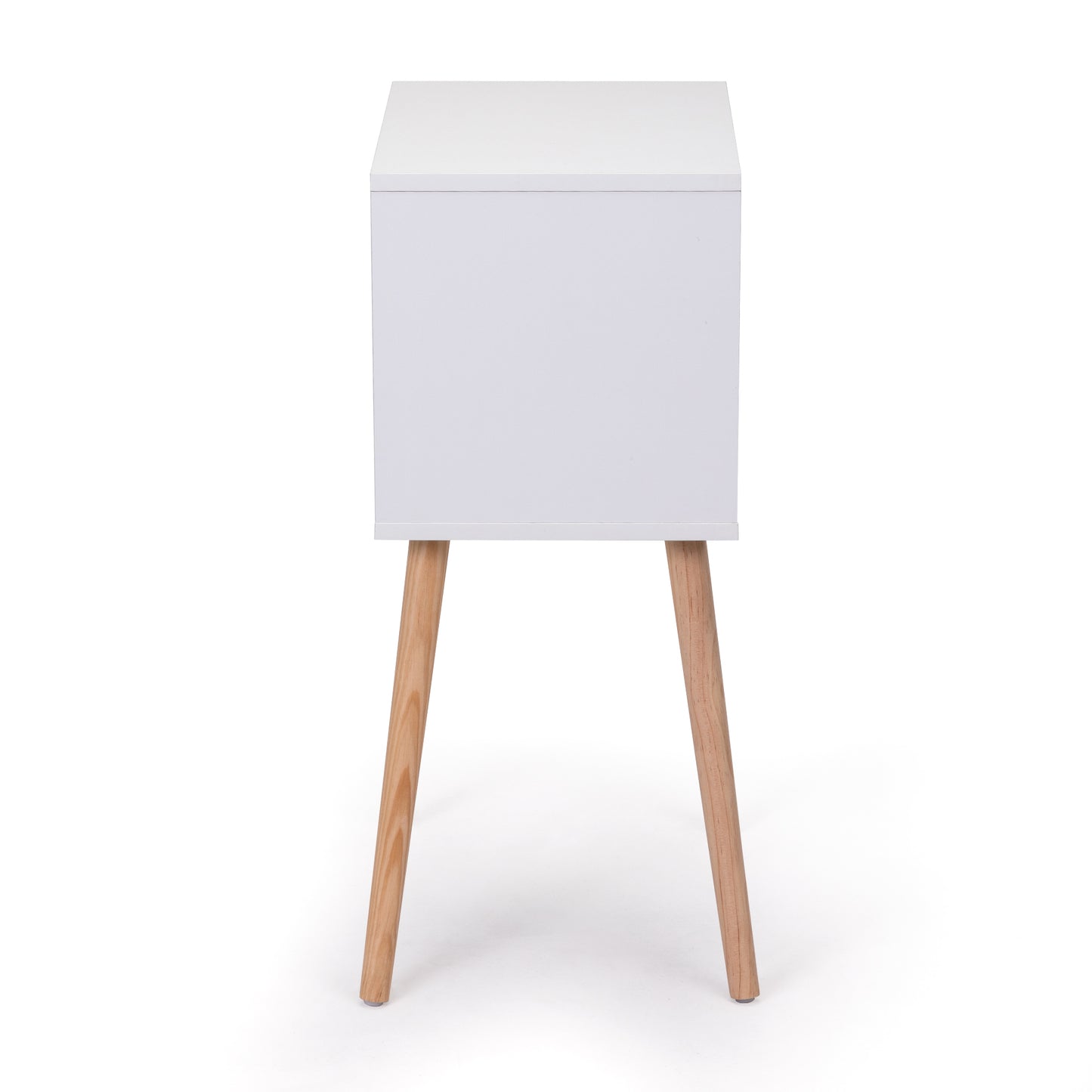 White bedside table with tapered wooden legs modern design