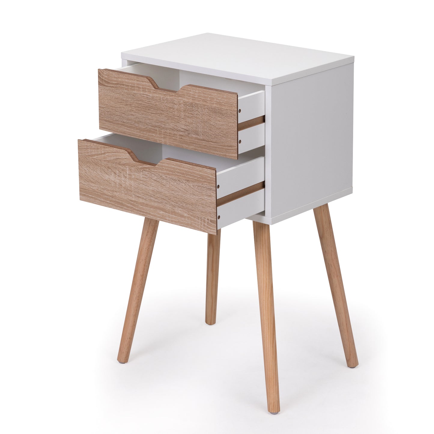 White and wood bedside table with two open drawers and tapered legs