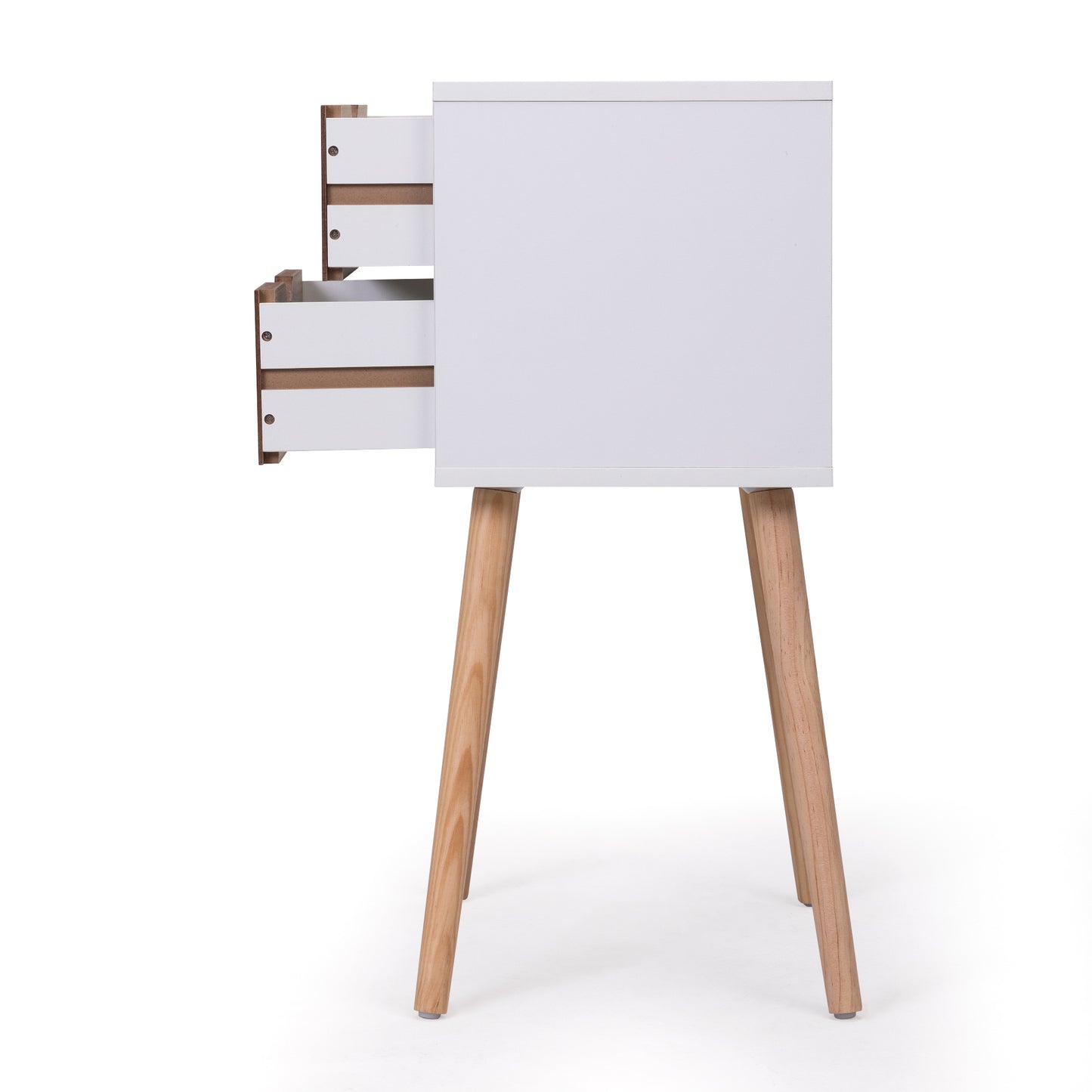 White minimalist bedside table with three open drawers and angled wooden legs