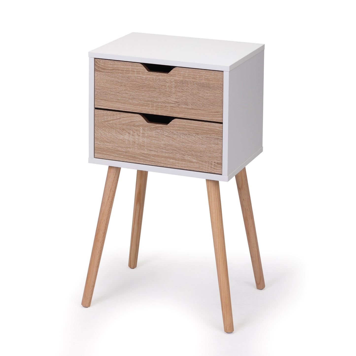 White bedside table with two oakeffect drawers and tapered wooden legs